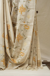 Cream Machine Embroidered Tussar Silk Saree - SRCMETSS1523