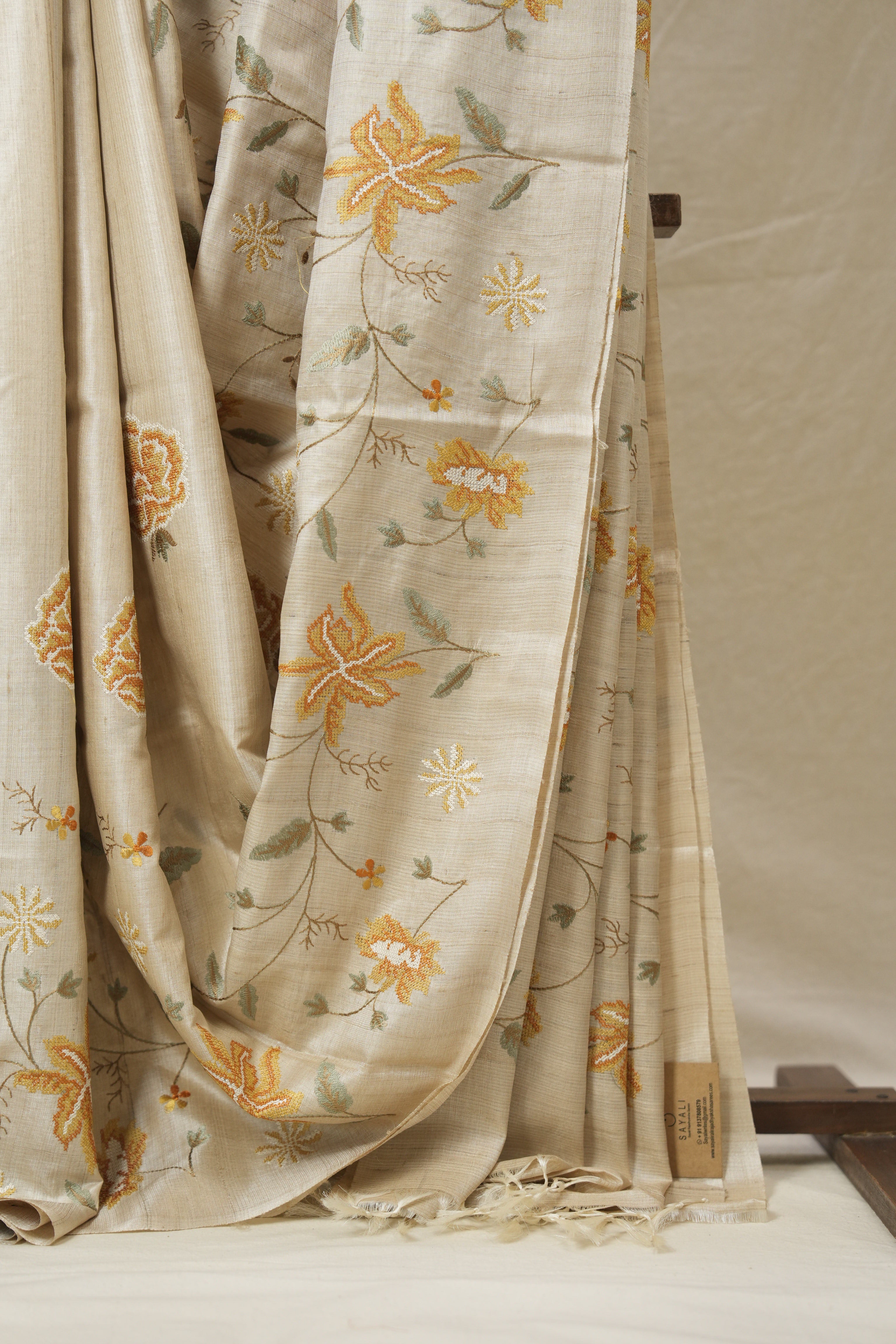 Cream Machine Embroidered Tussar Silk Saree - SRCMETSS1523