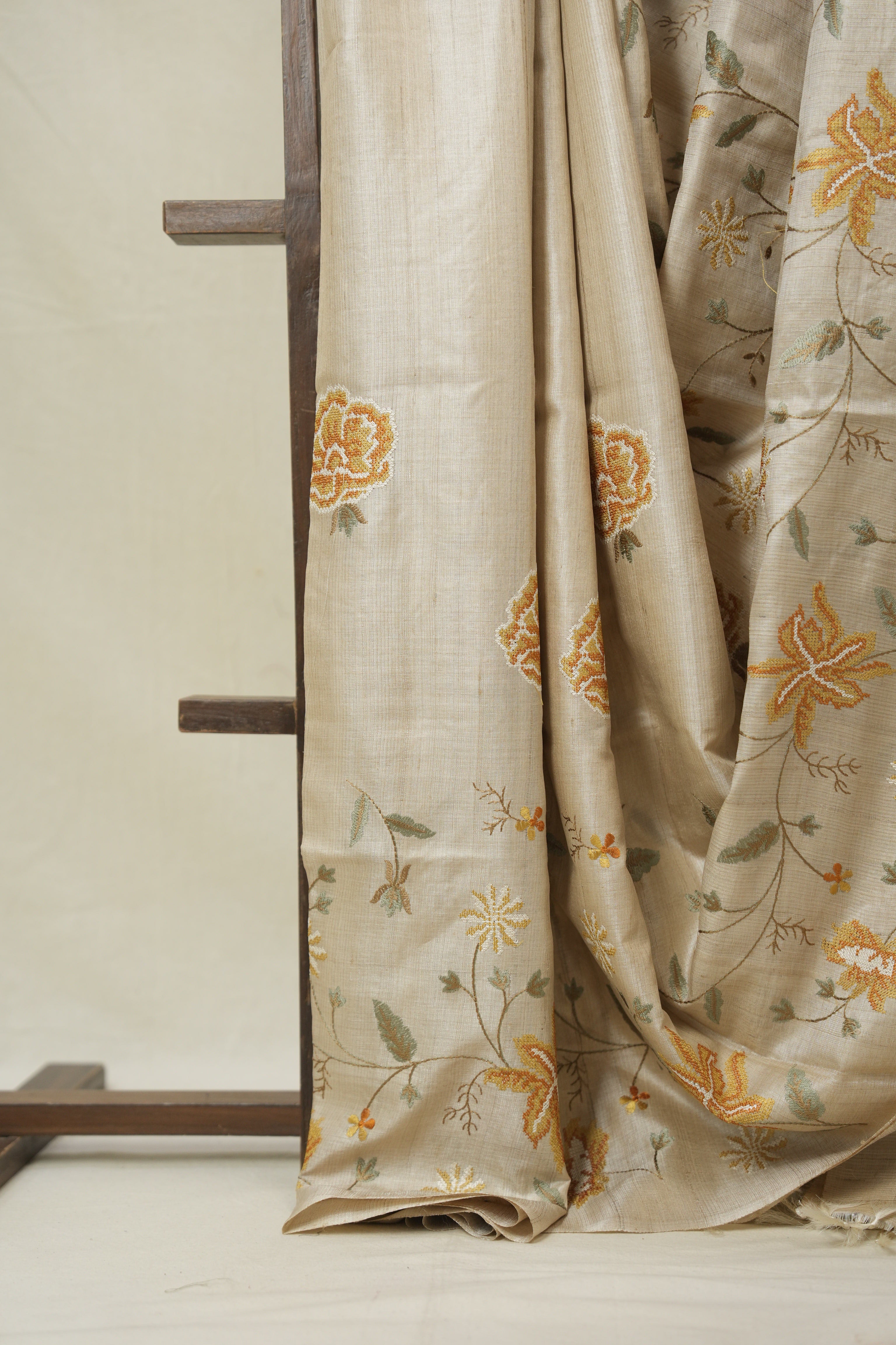 Cream Machine Embroidered Tussar Silk Saree - SRCMETSS1523