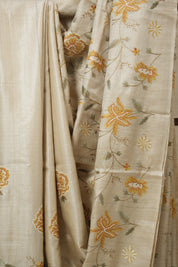 Cream Machine Embroidered Tussar Silk Saree - SRCMETSS1523