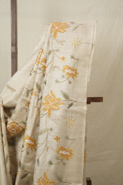 Cream Machine Embroidered Tussar Silk Saree - SRCMETSS1523