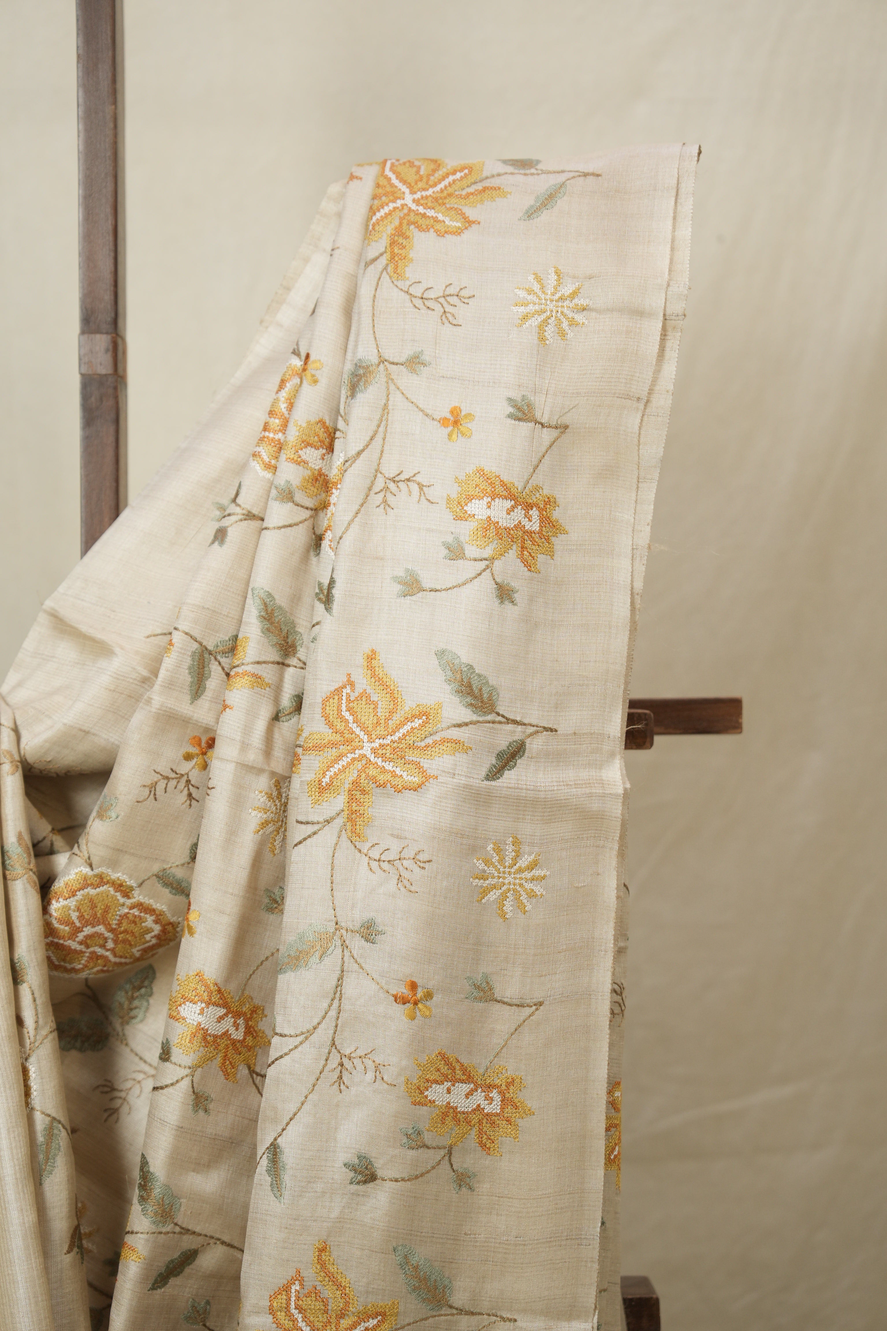 Cream Machine Embroidered Tussar Silk Saree - SRCMETSS1523