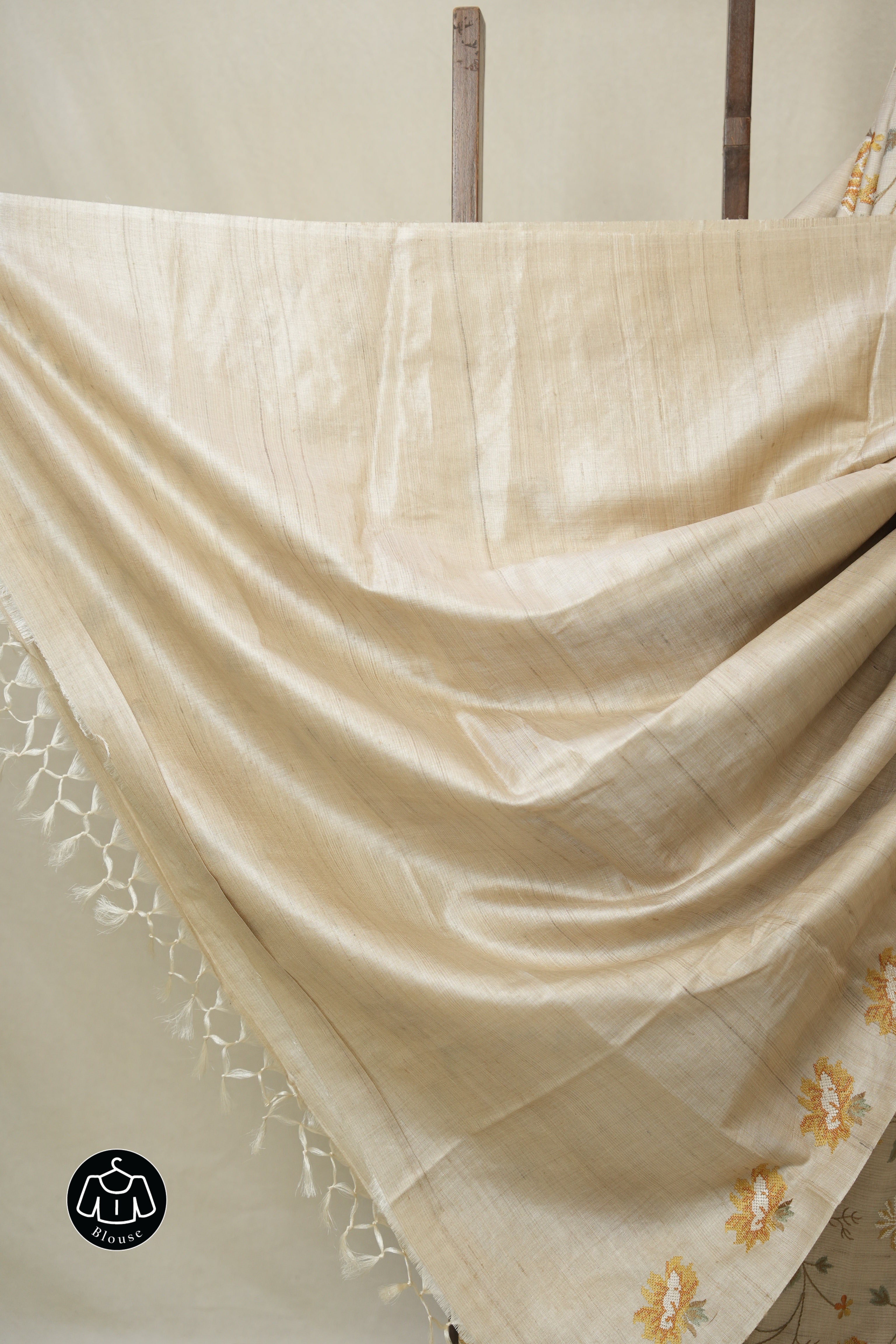 Cream Machine Embroidered Tussar Silk Saree - SRCMETSS1523