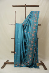 Teal Blue Machine Embroidered Tussar Silk Saree - SRTBMETSS1534