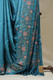 Teal Blue Machine Embroidered Tussar Silk Saree - SRTBMETSS1534