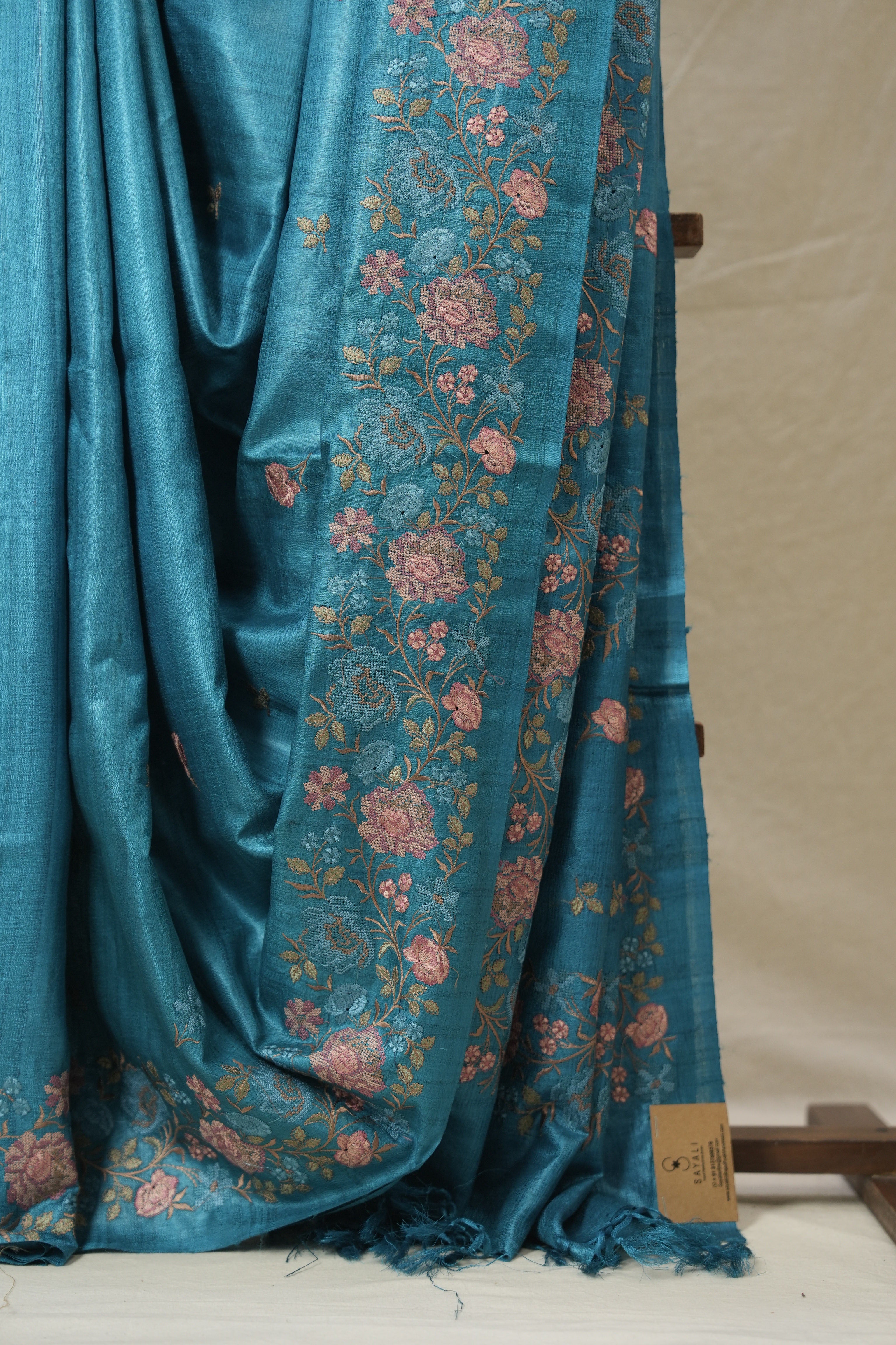 Teal Blue Machine Embroidered Tussar Silk Saree - SRTBMETSS1534