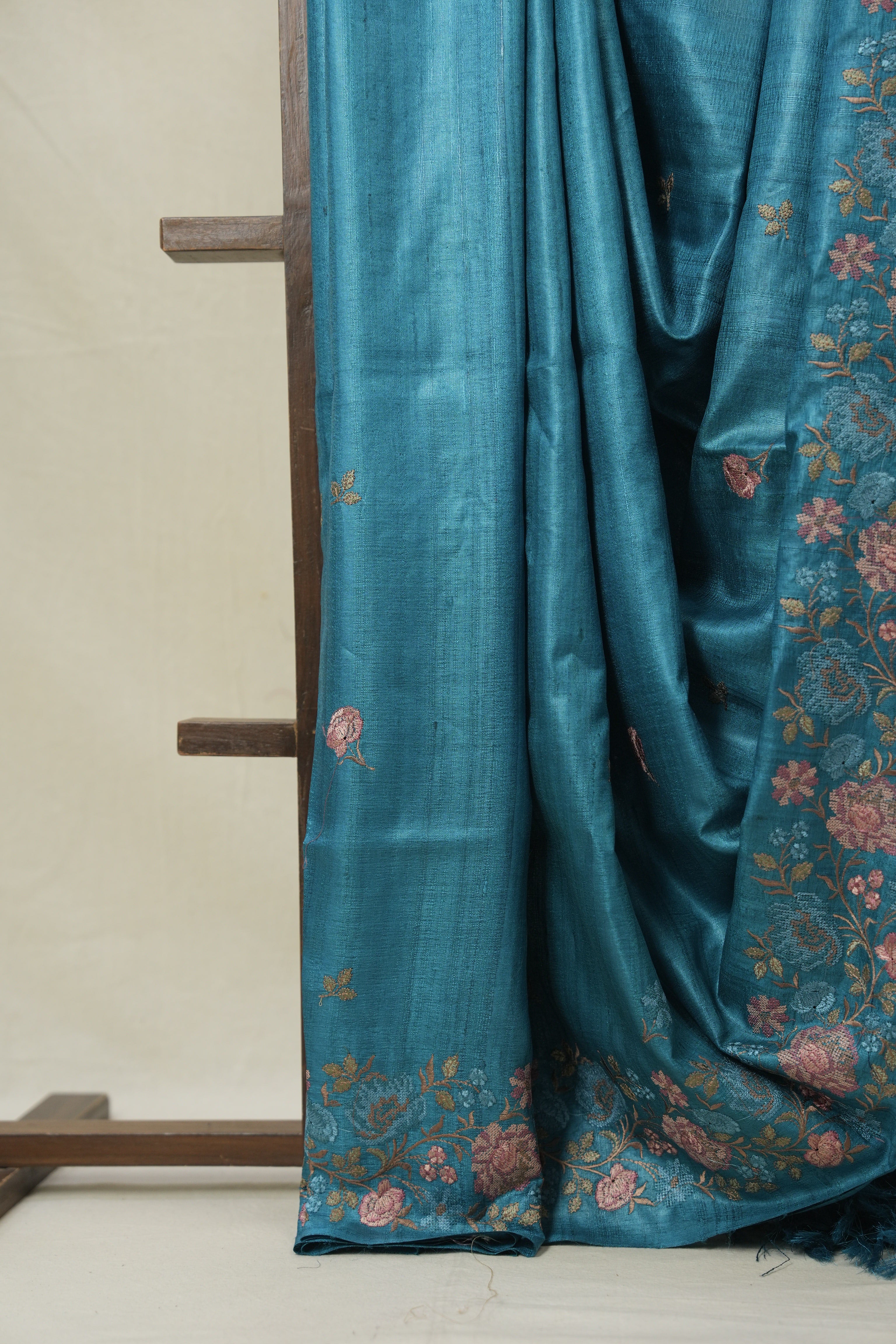 Teal Blue Machine Embroidered Tussar Silk Saree - SRTBMETSS1534