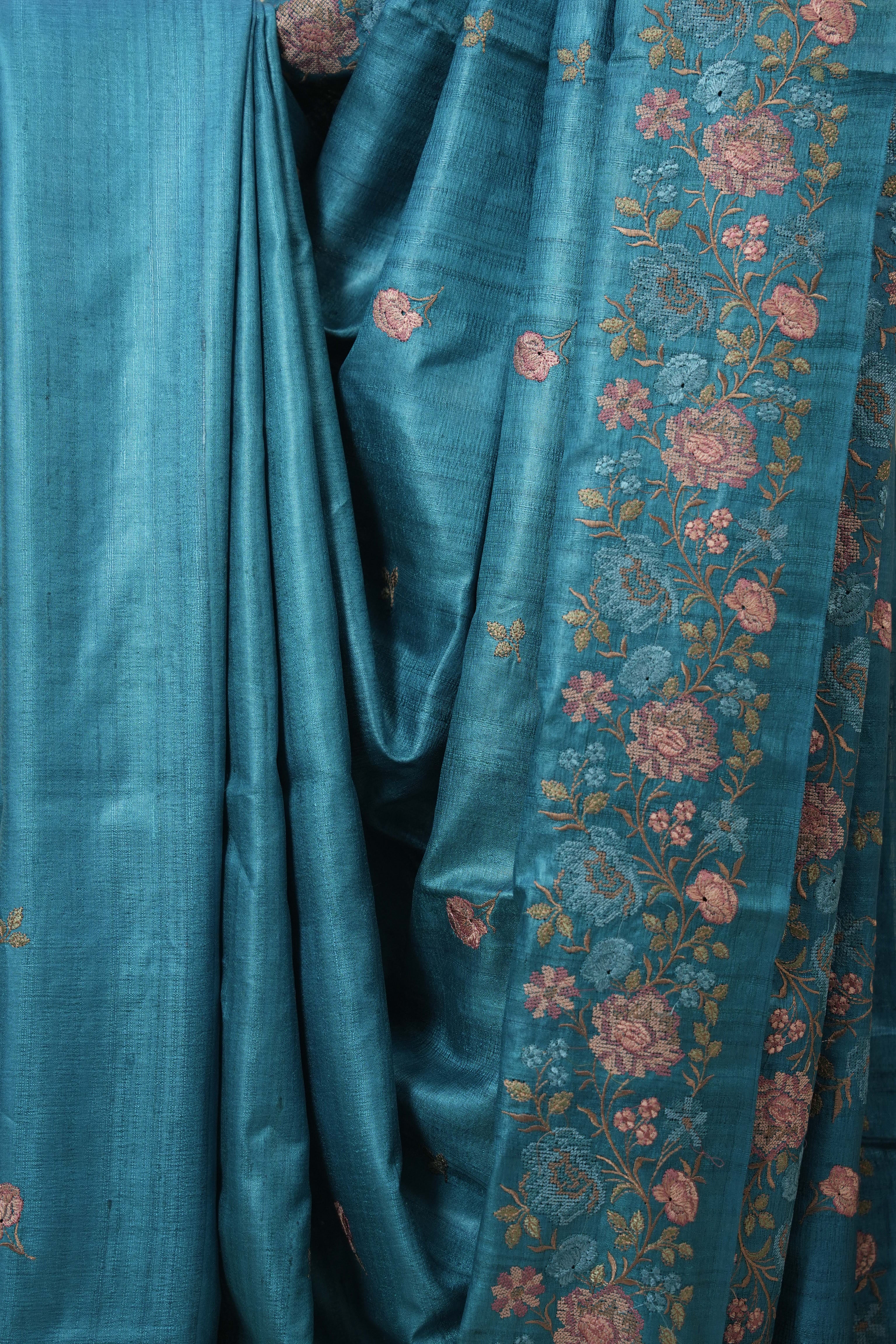 Teal Blue Machine Embroidered Tussar Silk Saree - SRTBMETSS1534