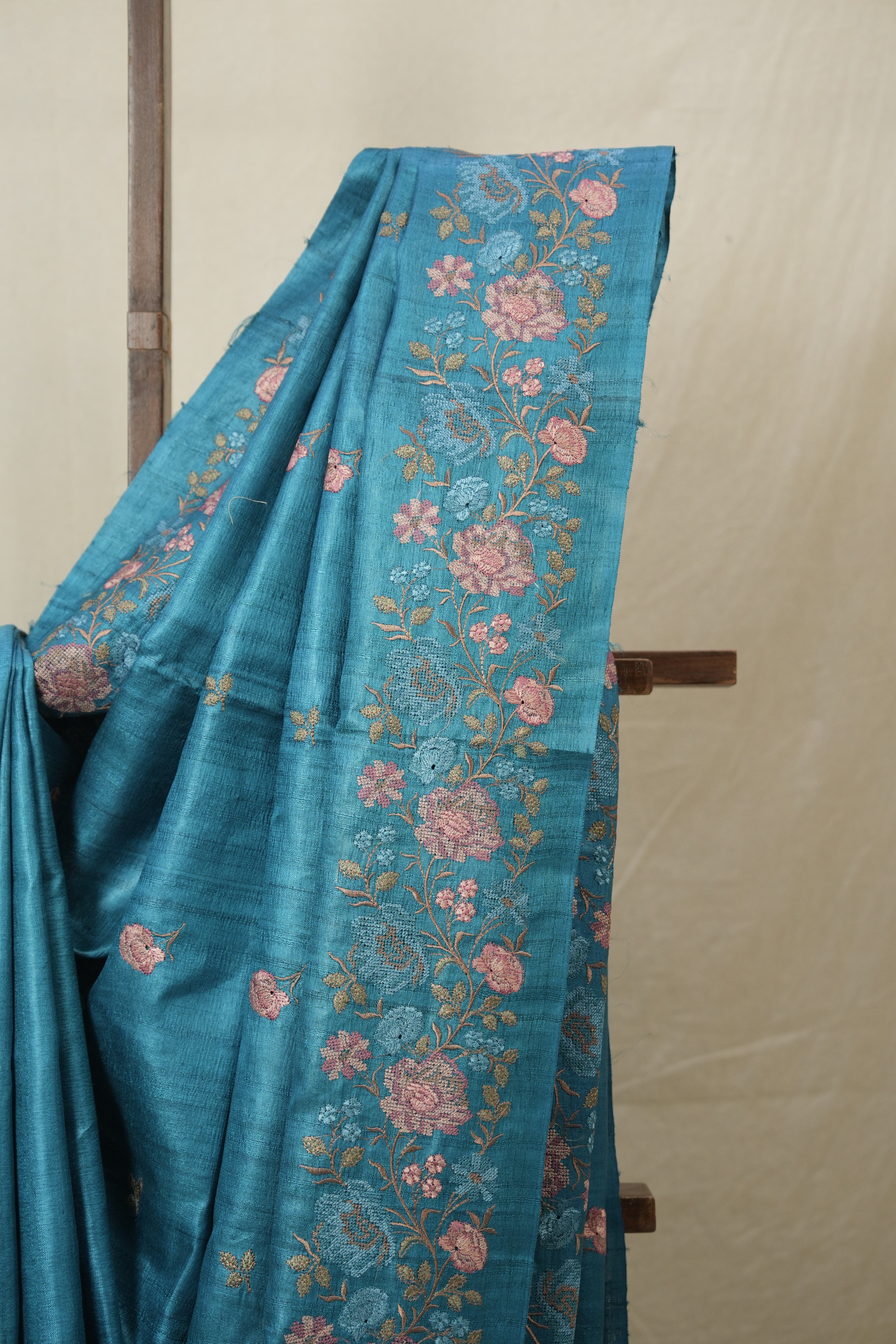 Teal Blue Machine Embroidered Tussar Silk Saree - SRTBMETSS1534