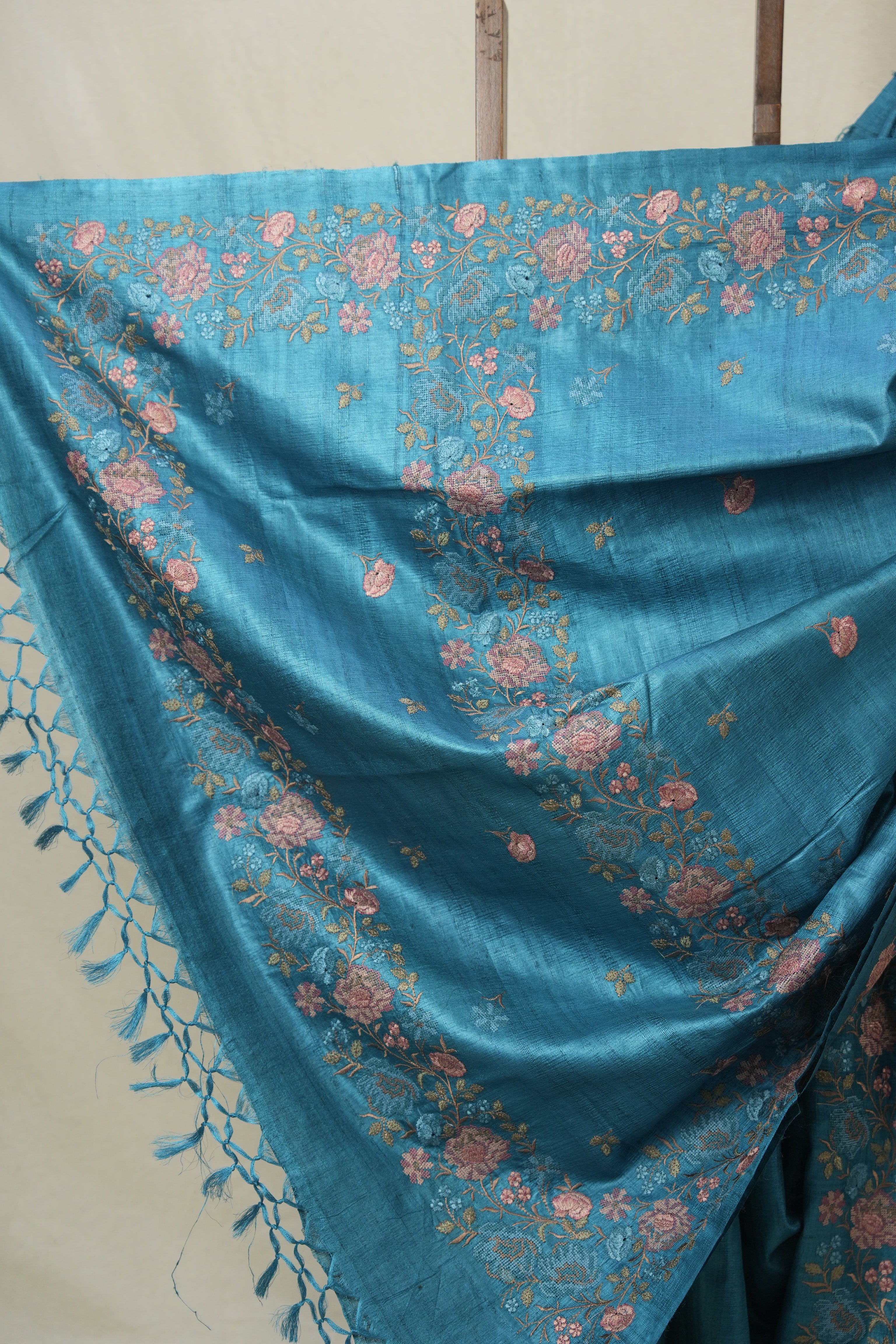 Teal Blue Machine Embroidered Tussar Silk Saree - SRTBMETSS1534
