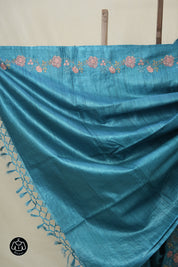 Teal Blue Machine Embroidered Tussar Silk Saree - SRTBMETSS1534