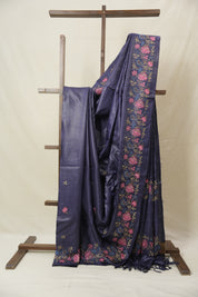 Dark Purple Machine Embroidered Tussar Silk Saree - SRDPMETSS1533