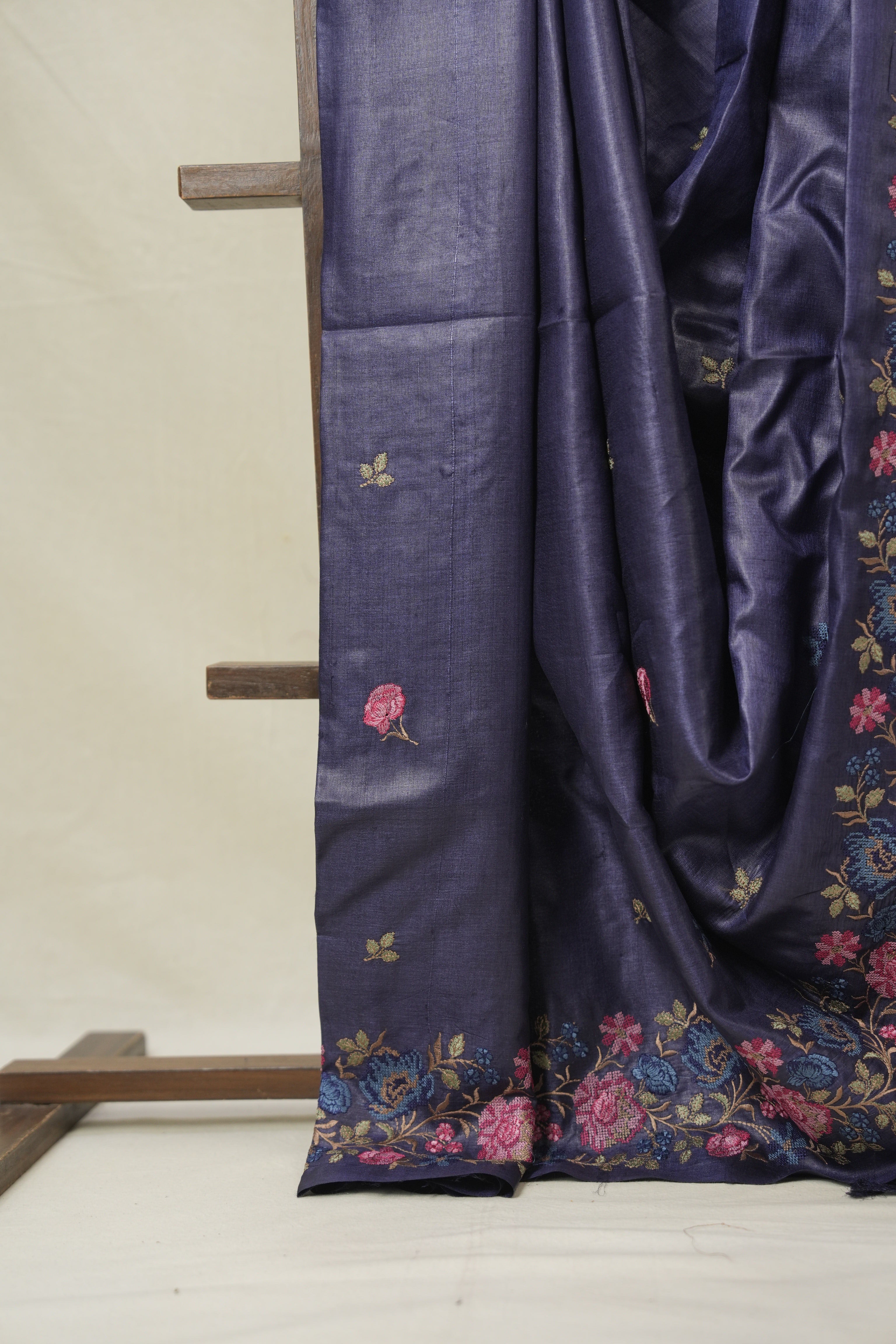Dark Purple Machine Embroidered Tussar Silk Saree - SRDPMETSS1533