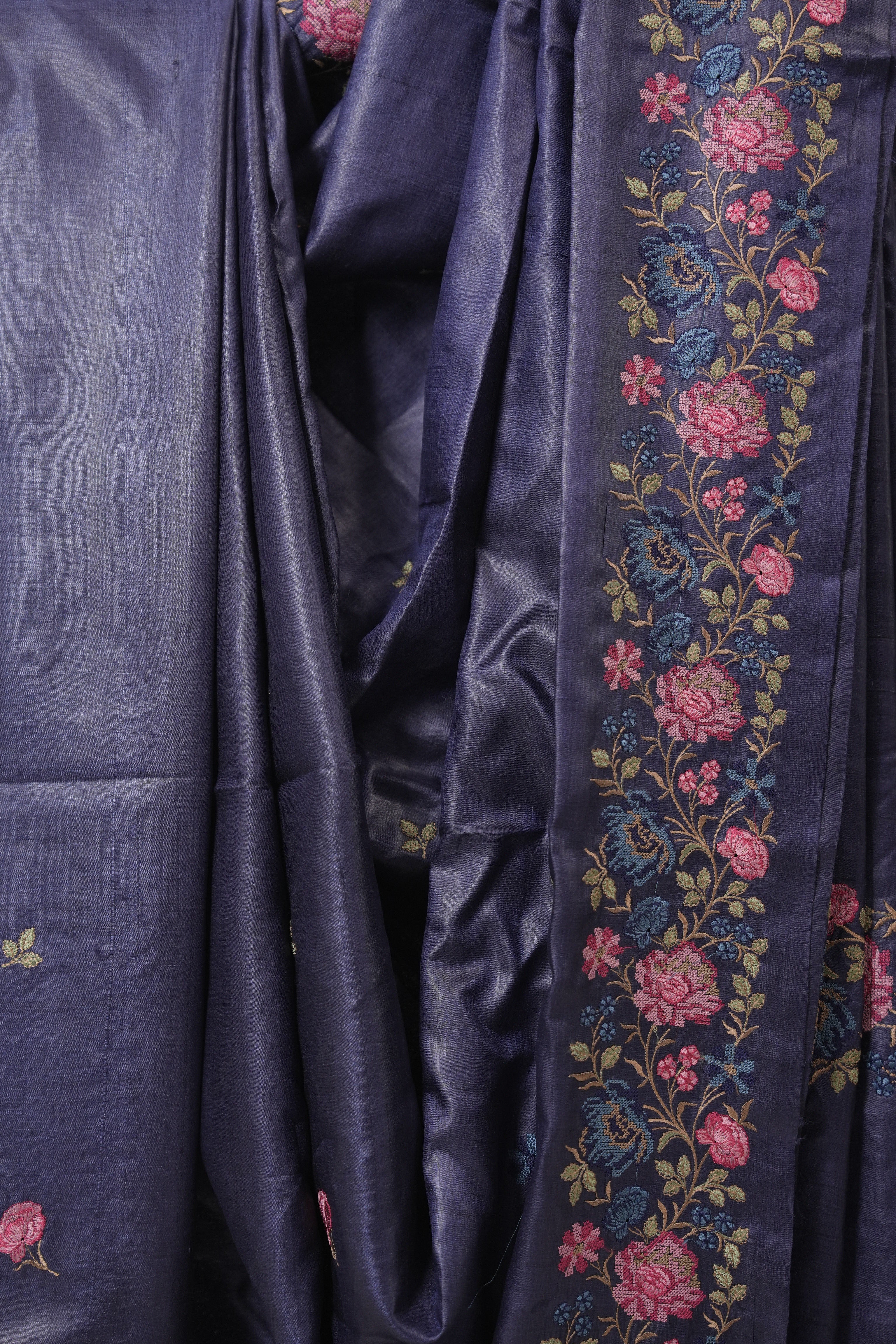 Dark Purple Machine Embroidered Tussar Silk Saree - SRDPMETSS1533