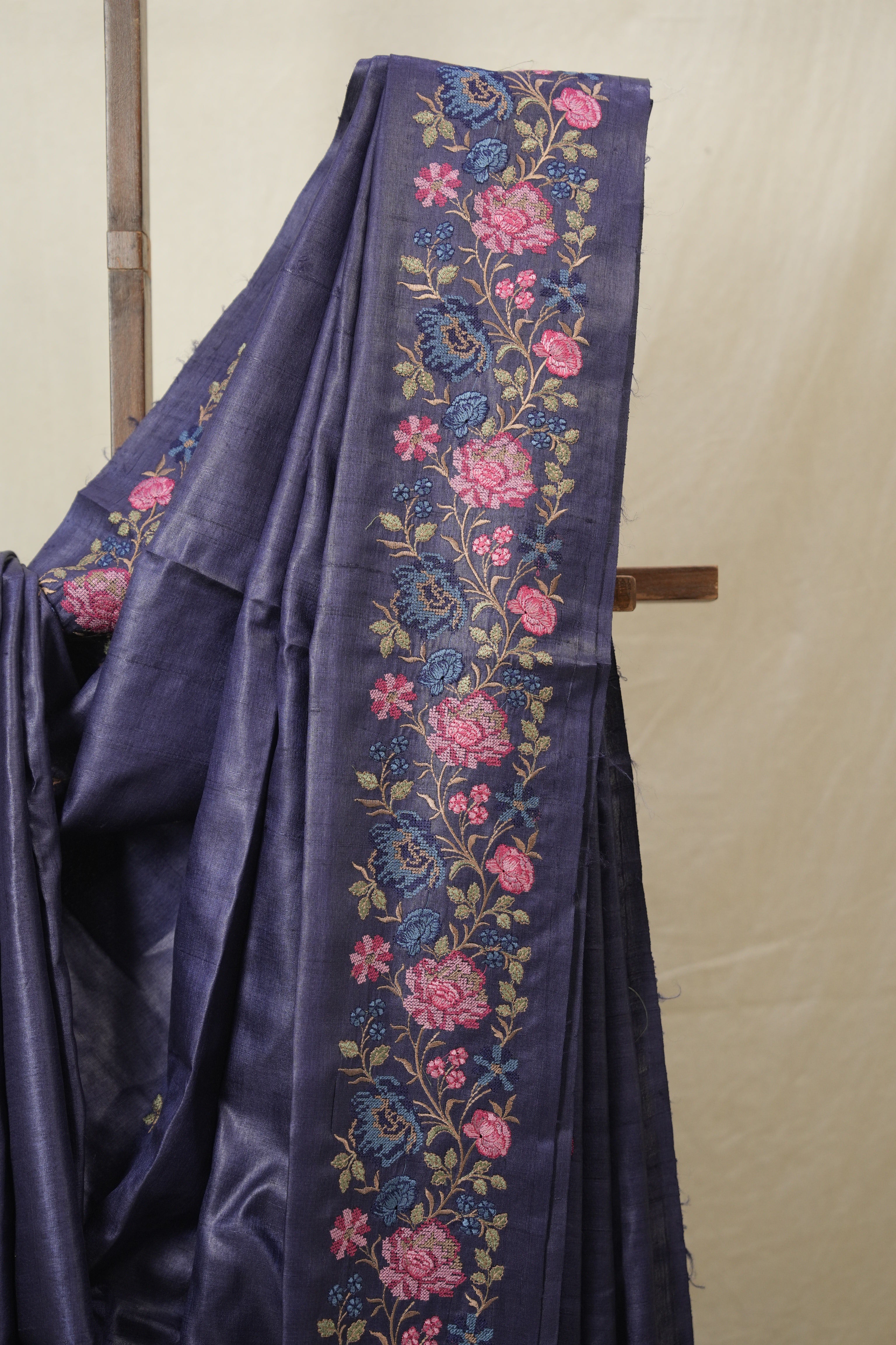 Dark Purple Machine Embroidered Tussar Silk Saree - SRDPMETSS1533
