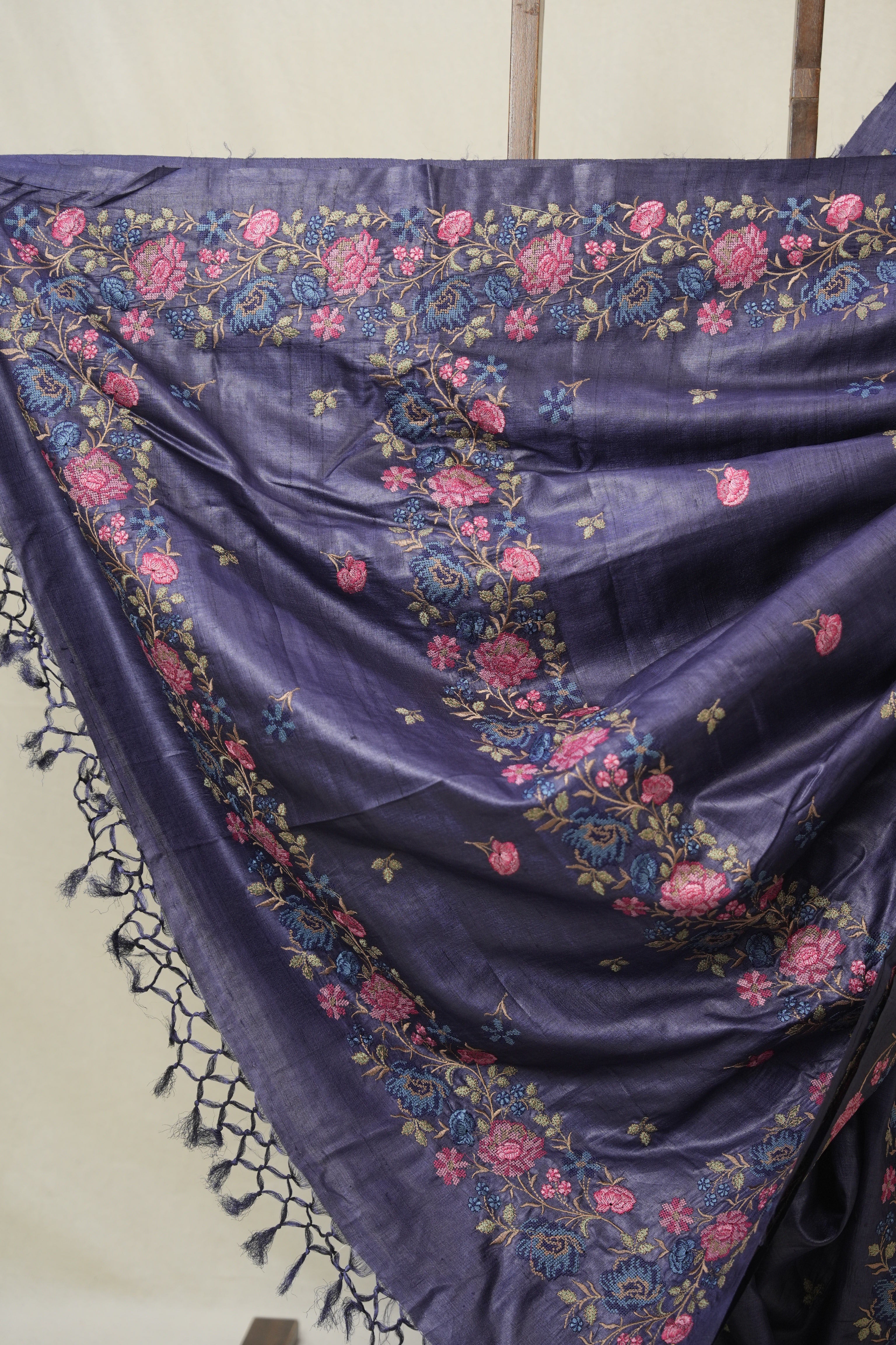 Dark Purple Machine Embroidered Tussar Silk Saree - SRDPMETSS1533