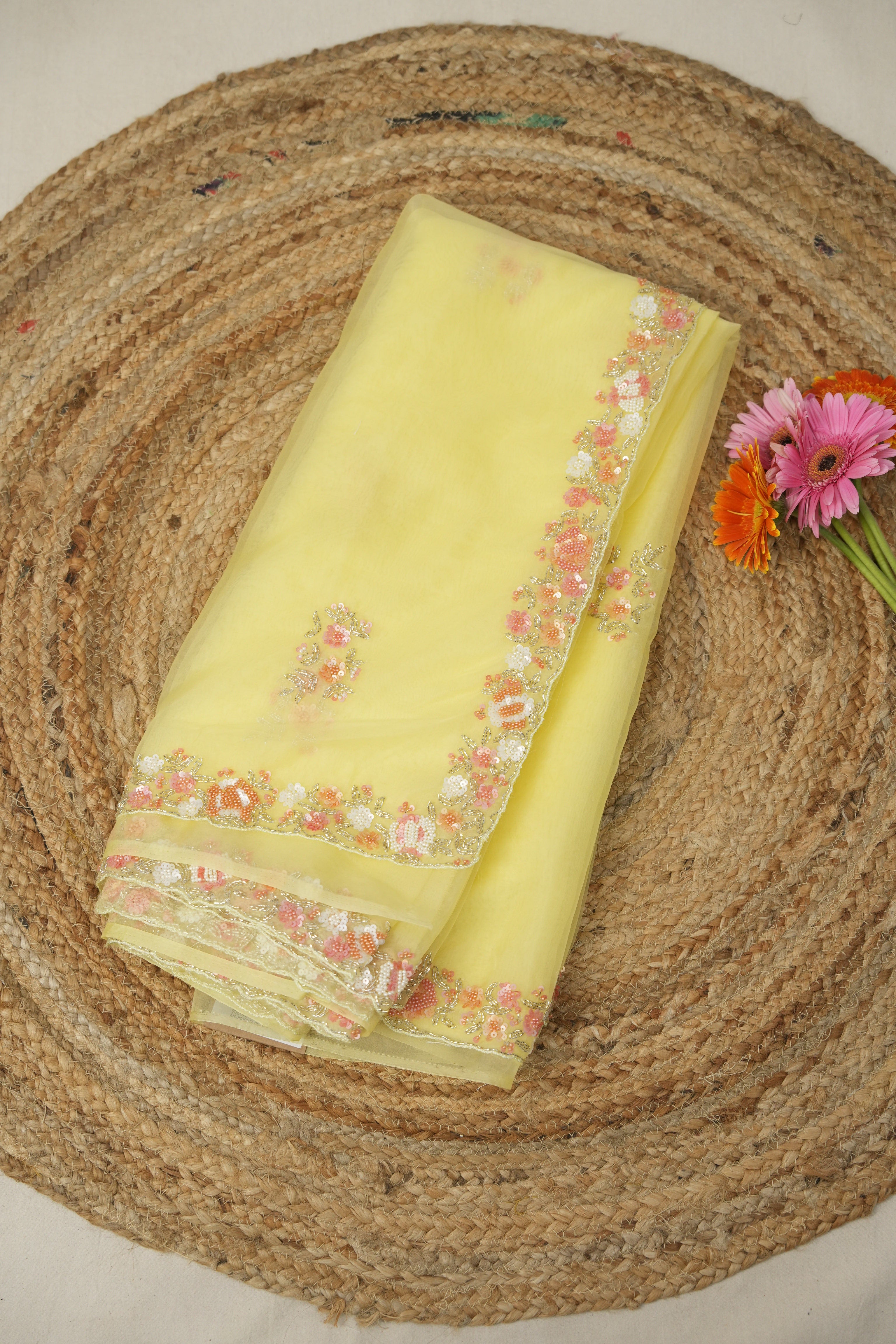 Lemon Yellow Hand Embroidery Organza Sarees - SRLYHMOS06