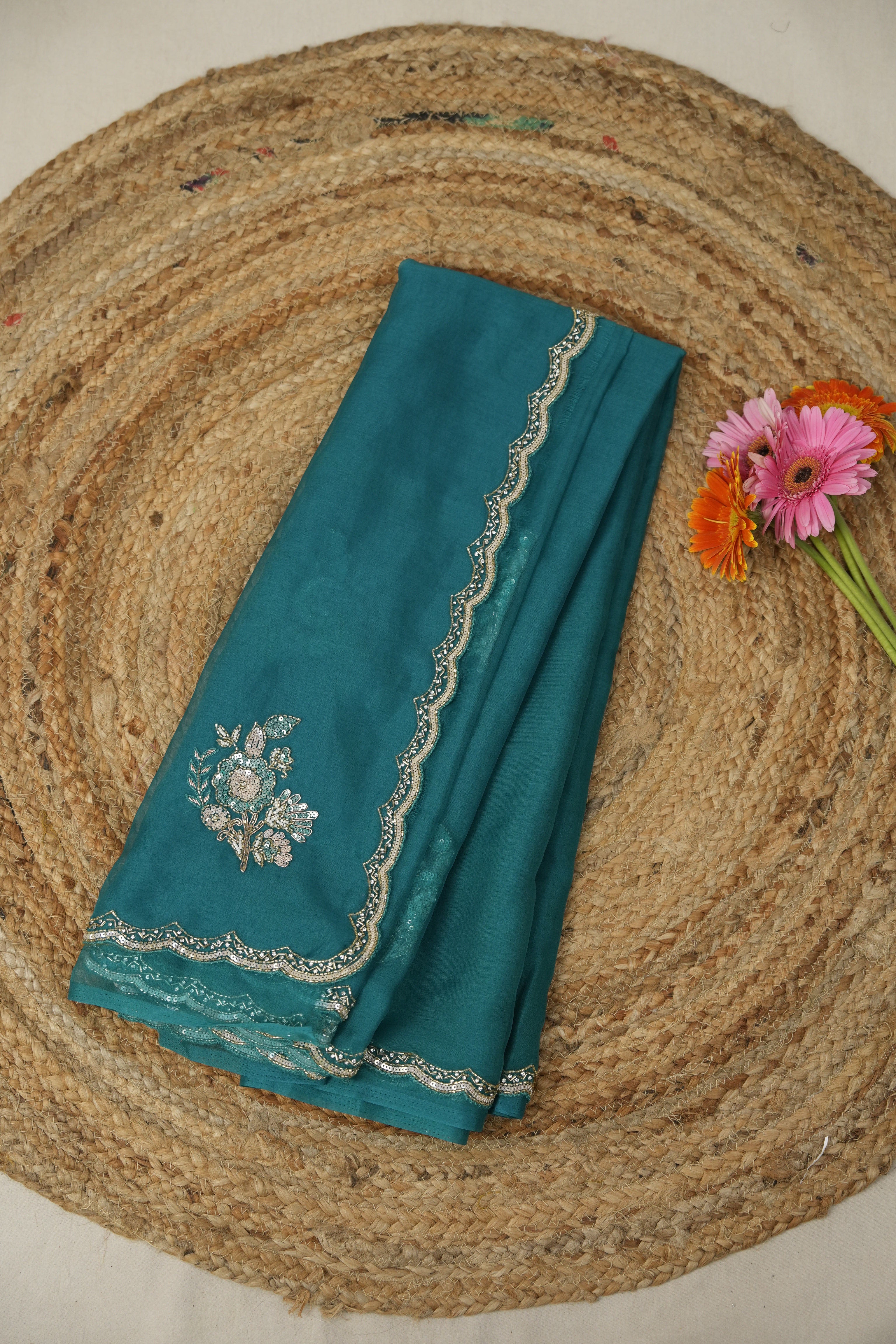 Teal Green Hand Embroidery Organza Sarees - SRTGHMOS13