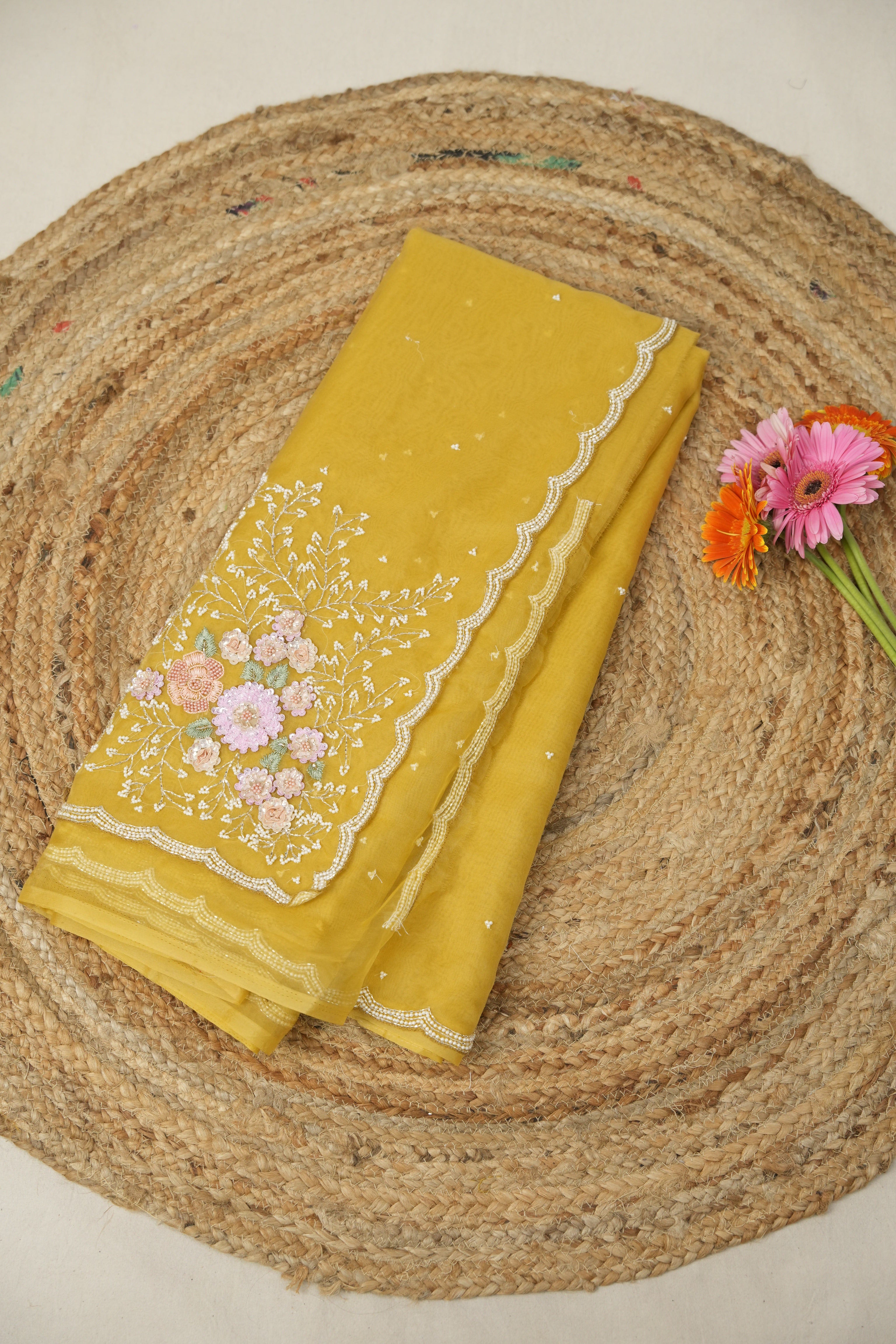 Musturd Yellow Hand Embroidery Organza Sarees - SRMYHMOS11