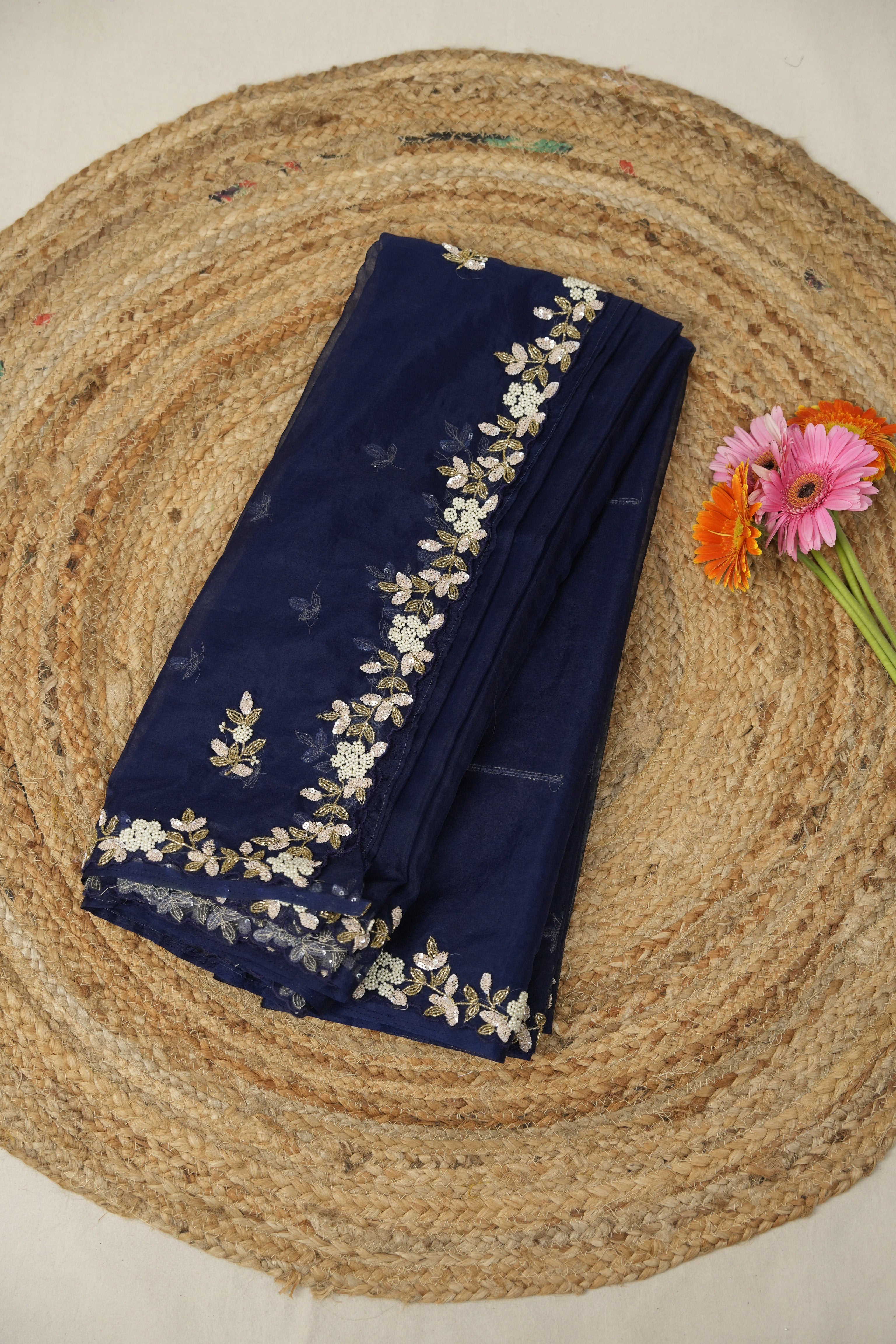 Nevy Blue Hand Embroidery Organza Sarees - SRNBHMOS10