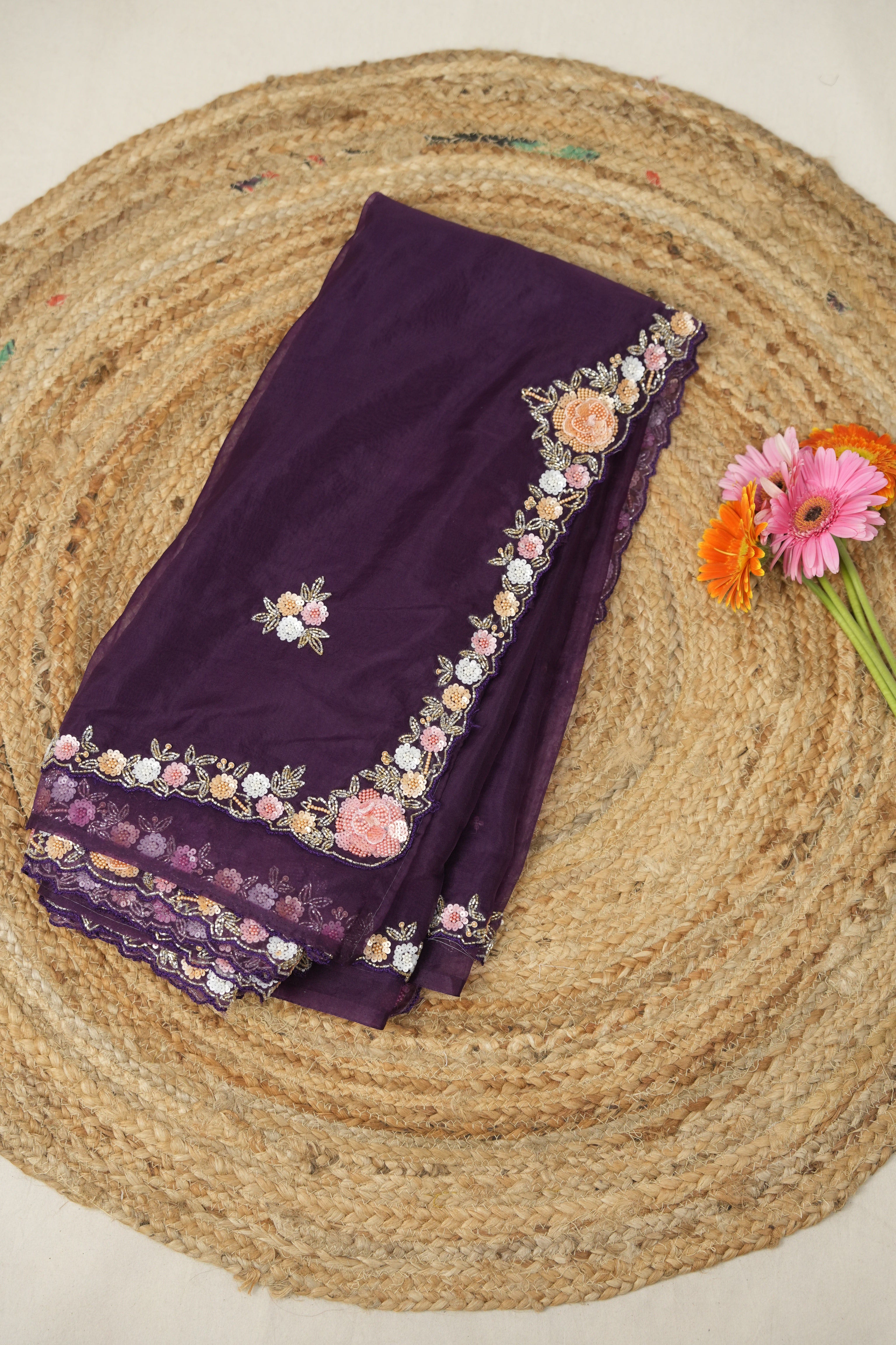Purple Hand Embroidery Organza Sarees - SRPHMOS18