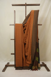 Orange Checks Cotton Ilkal Saree - SROCCIS954