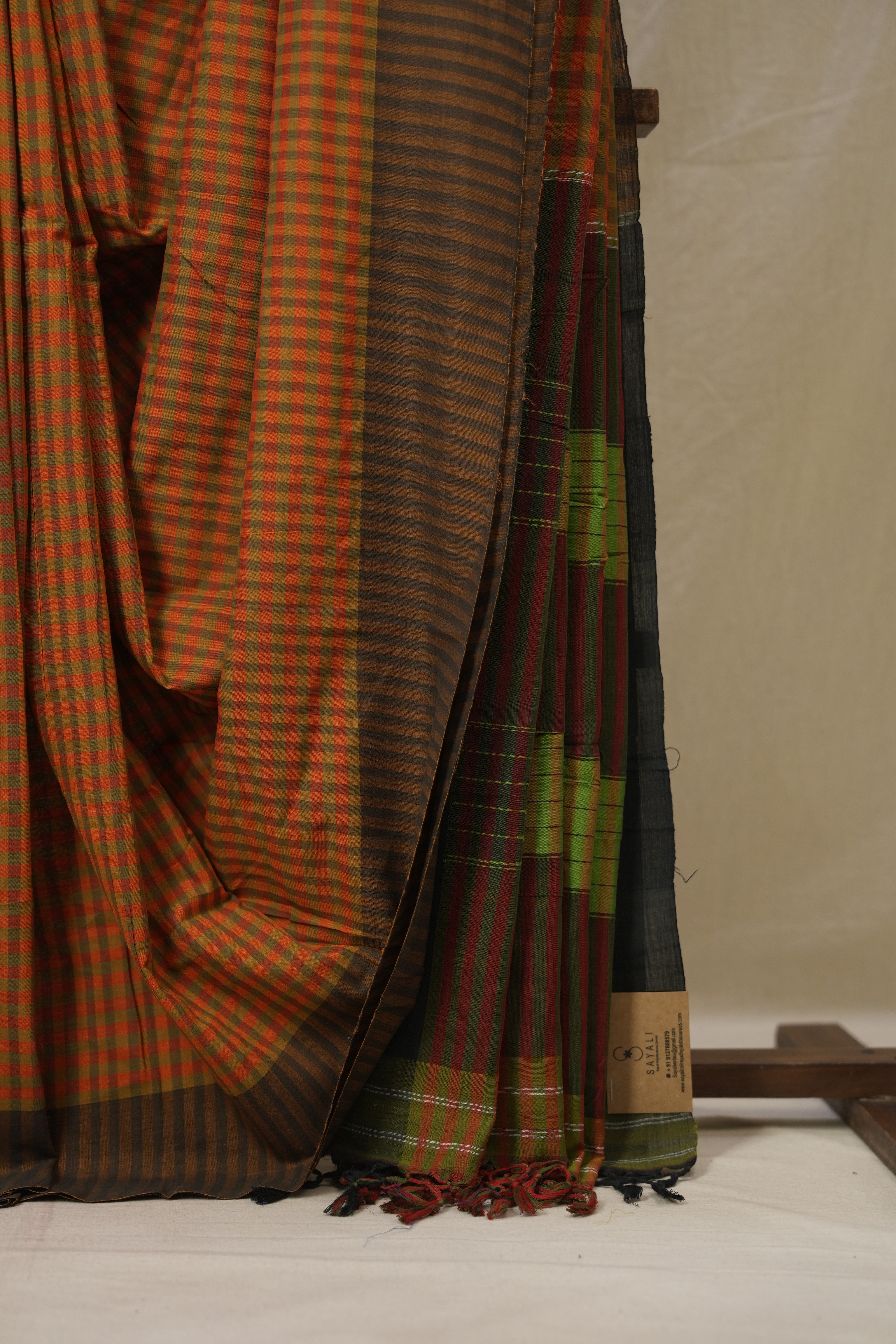 Orange Checks Cotton Ilkal Saree - SROCCIS954