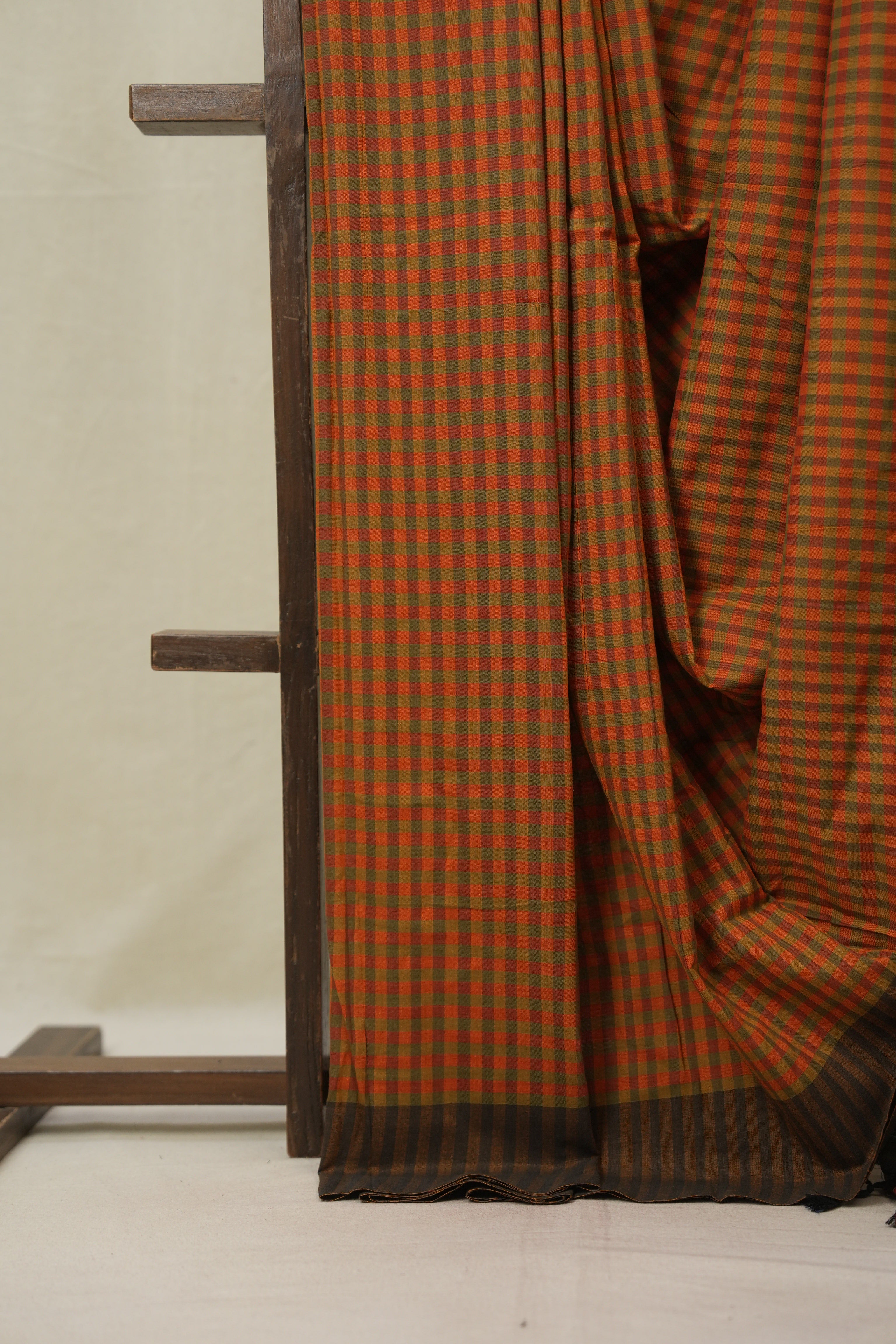 Orange Checks Cotton Ilkal Saree - SROCCIS954