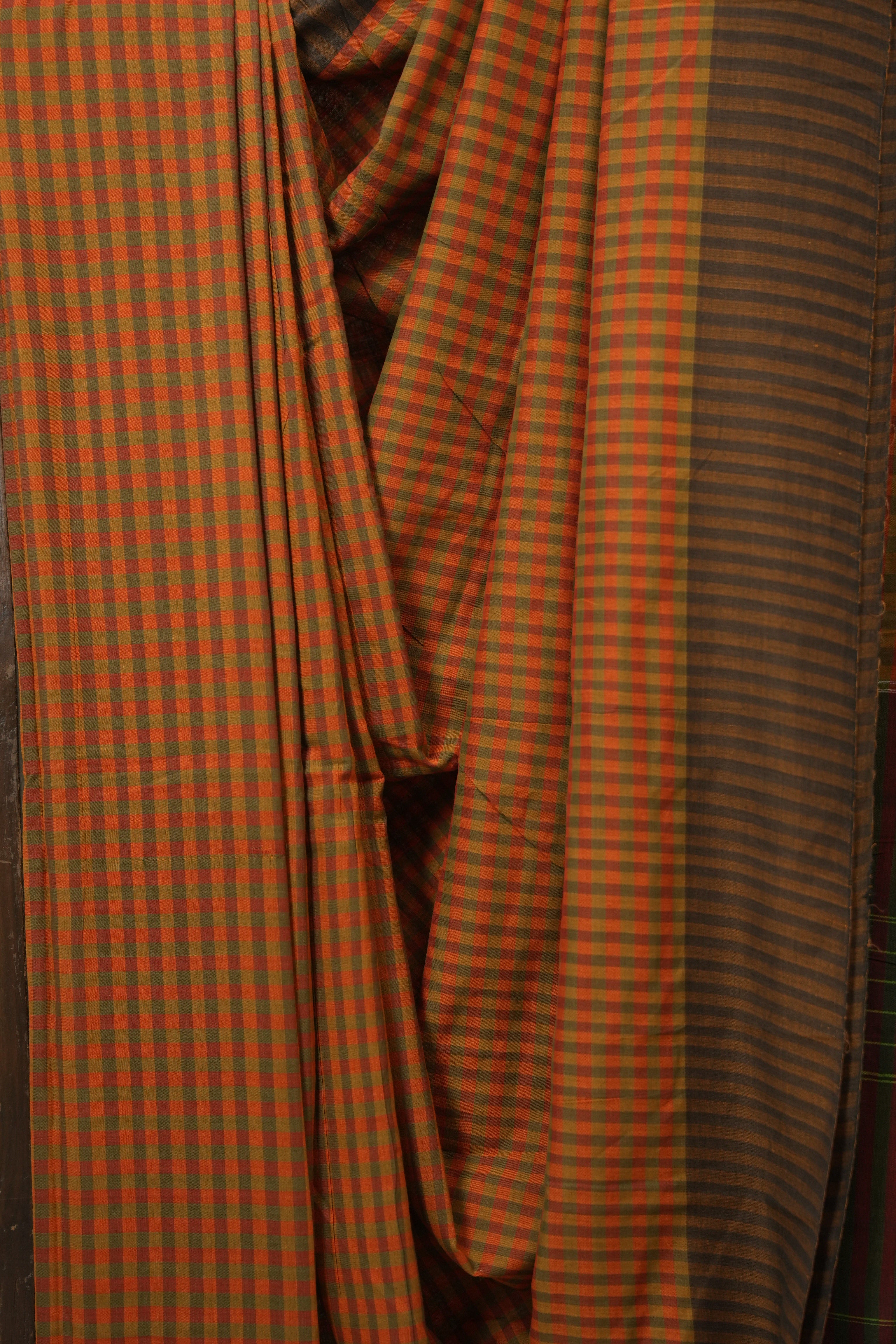 Orange Checks Cotton Ilkal Saree - SROCCIS954