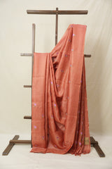Carrot Red Machine Embroidered Tussar Silk Saree - SRCRMETSS103-PI