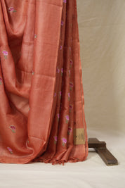 Carrot Red Machine Embroidered Tussar Silk Saree - SRCRMETSS103-PI