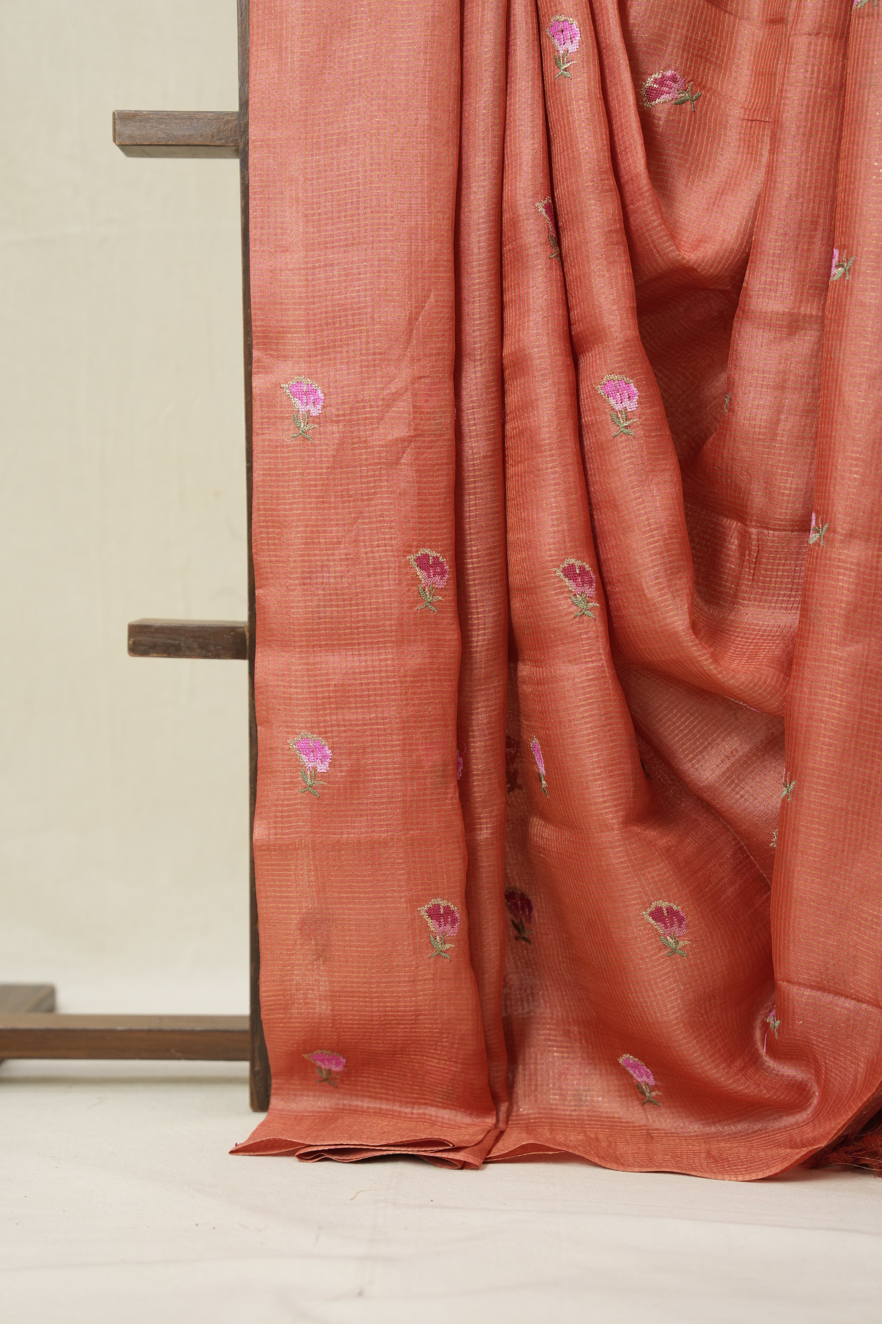 Carrot Red Machine Embroidered Tussar Silk Saree - SRCRMETSS103-PI