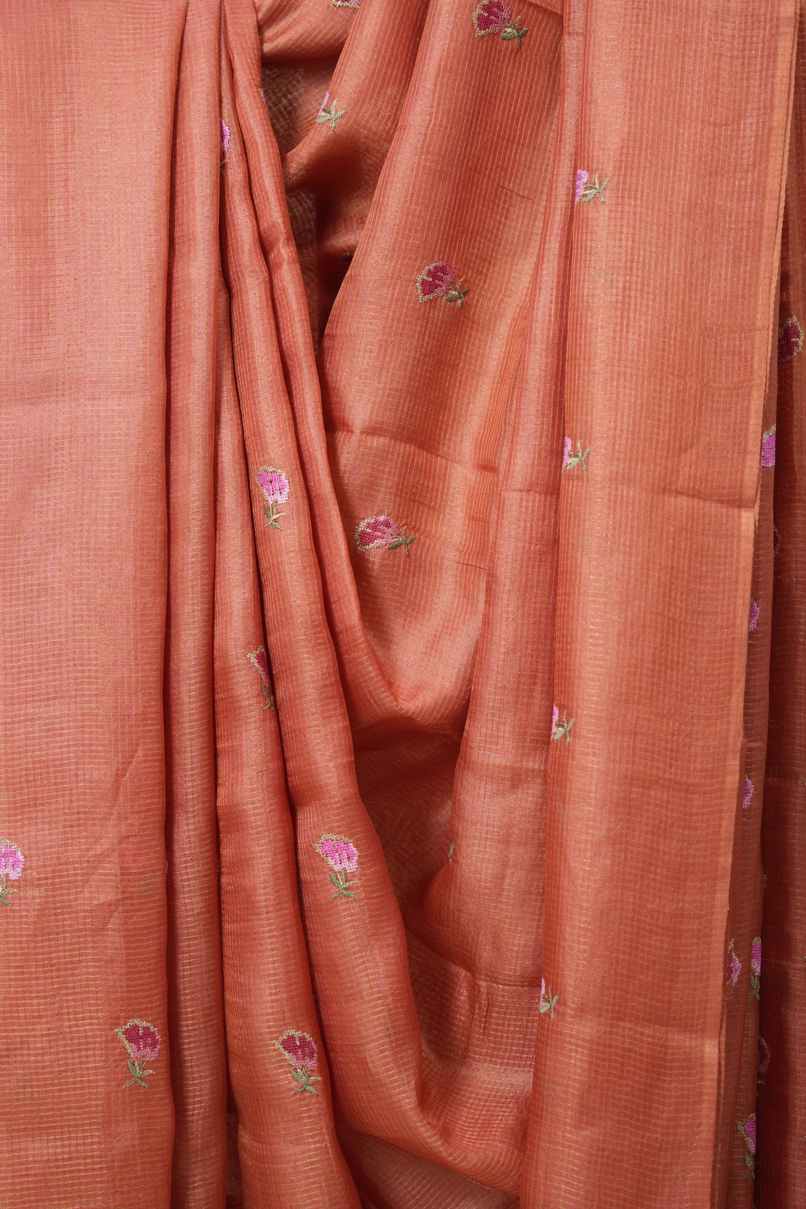 Carrot Red Machine Embroidered Tussar Silk Saree - SRCRMETSS103-PI