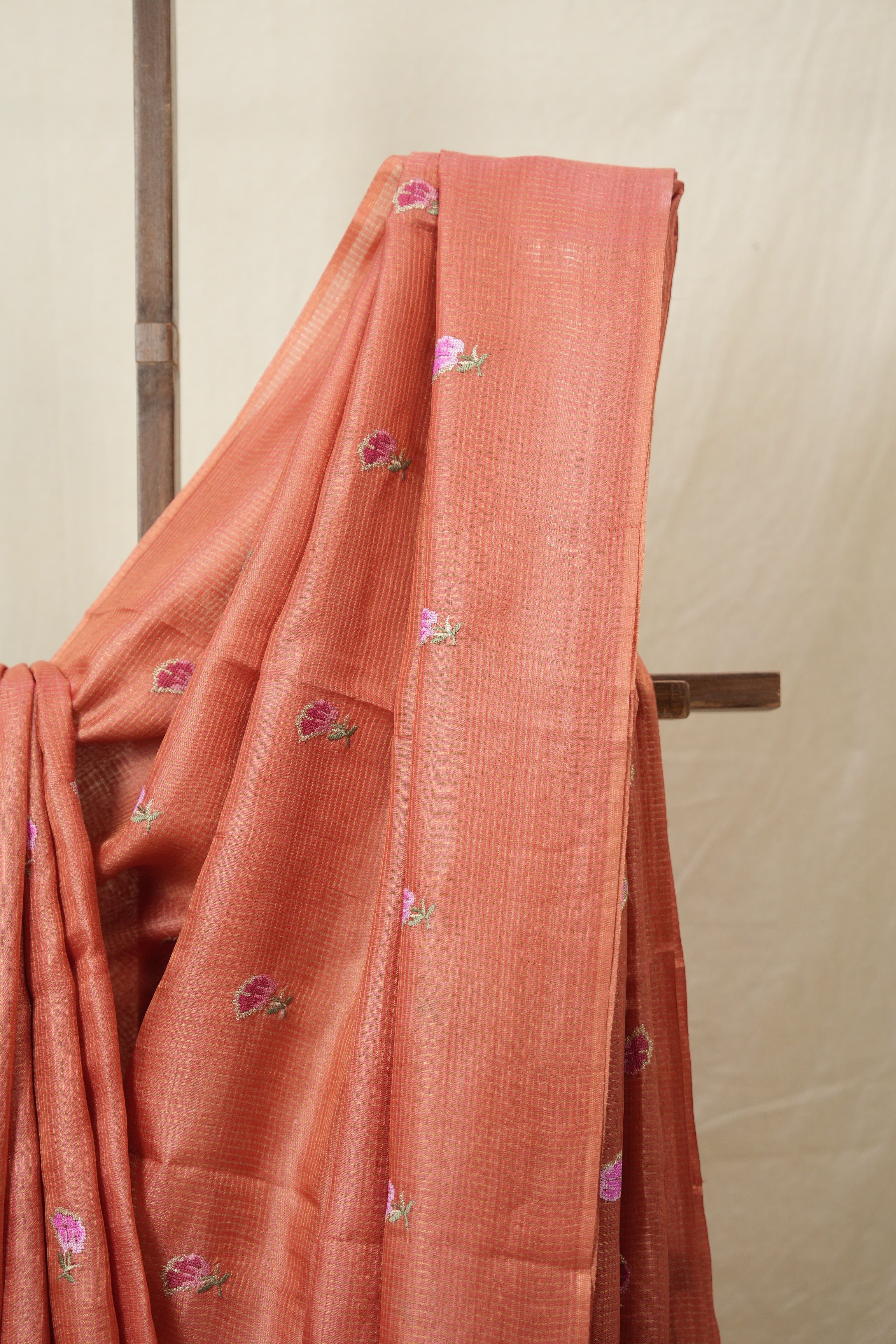 Carrot Red Machine Embroidered Tussar Silk Saree - SRCRMETSS103-PI