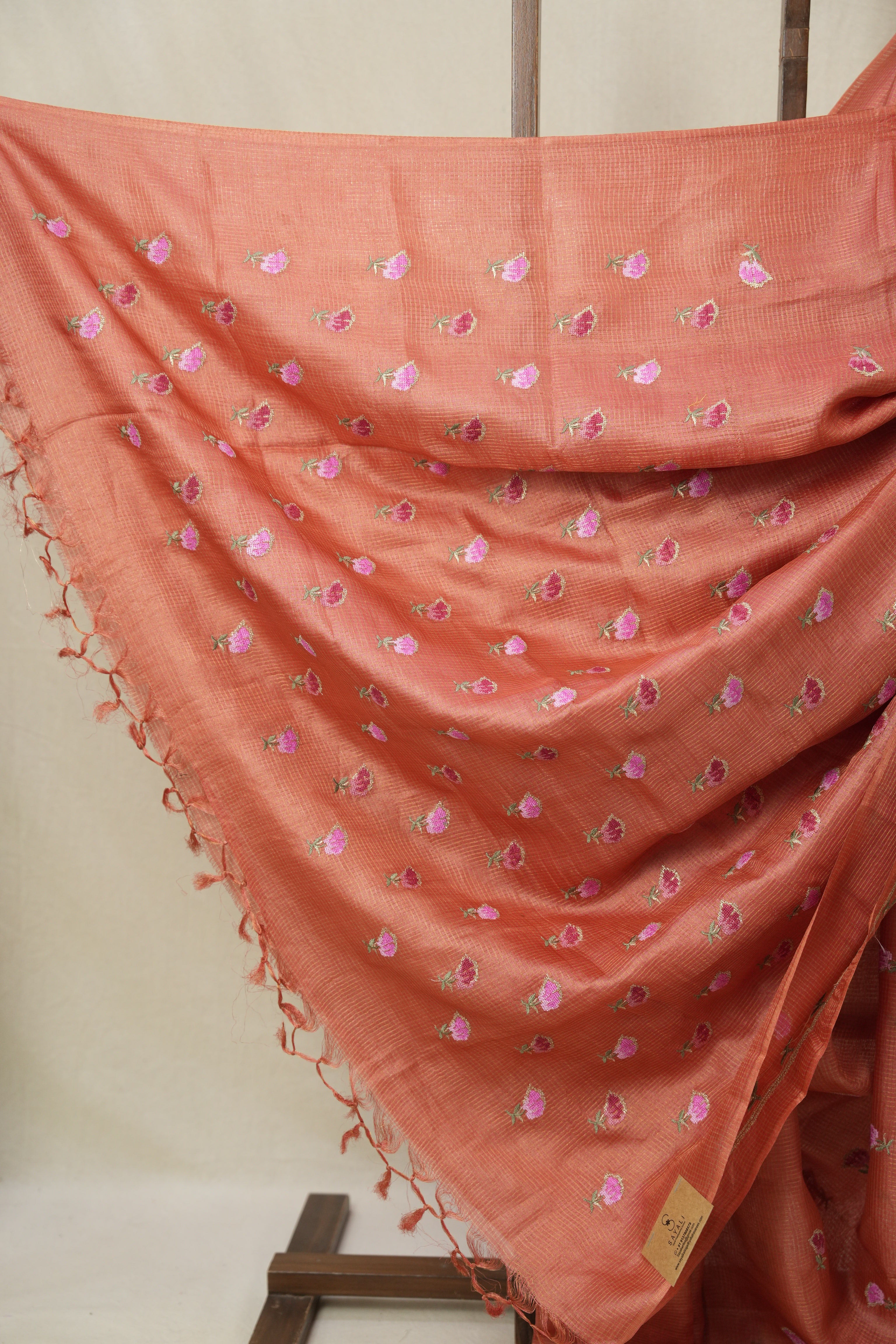 Carrot Red Machine Embroidered Tussar Silk Saree - SRCRMETSS103-PI