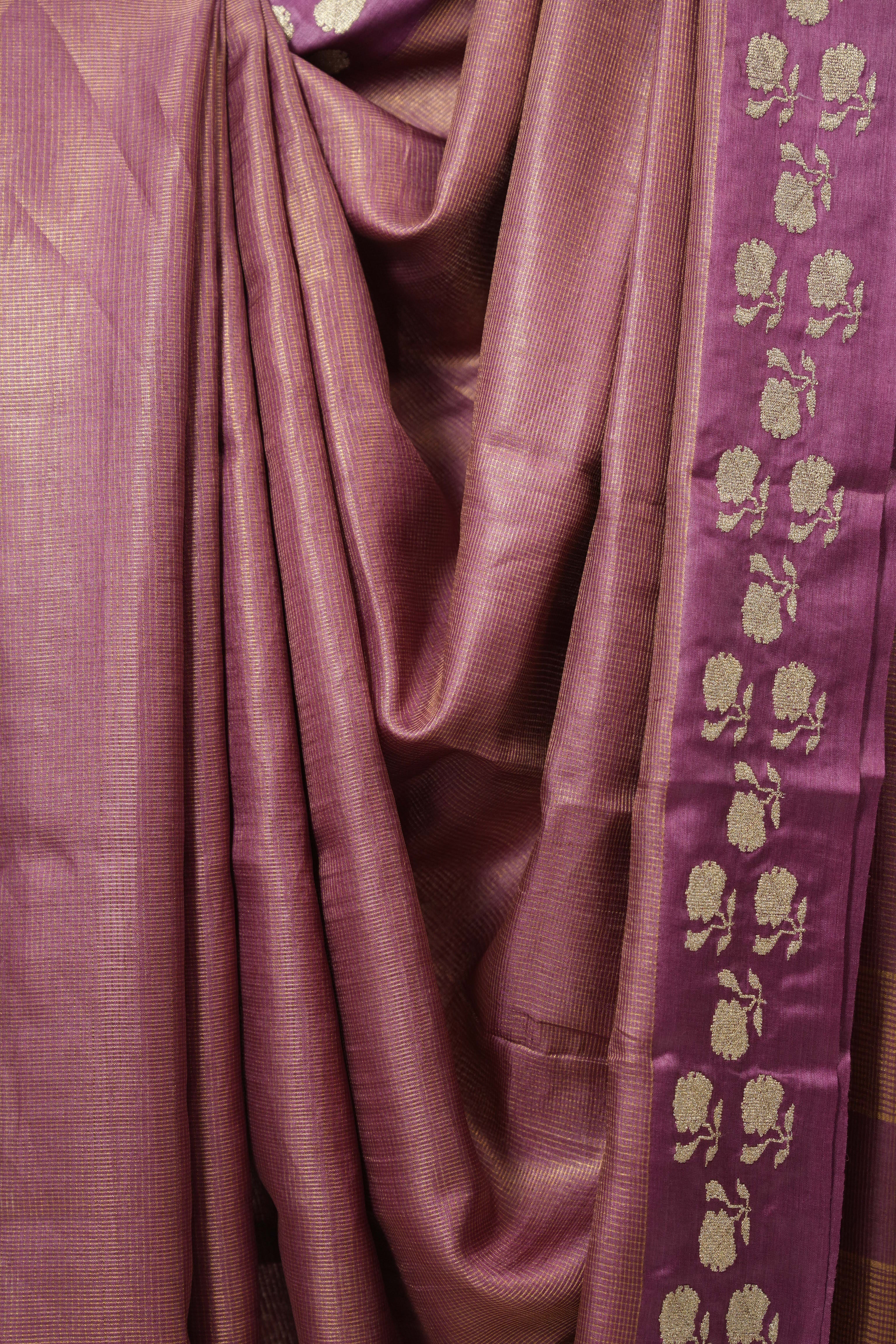 Onion Pink Machine Embroidered Tussar Silk Saree - SROPMETSS1551