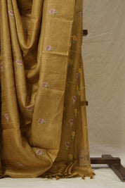 Mustard Gold Machine Embroidered Tussar Silk Saree - SRMGMETSS1543