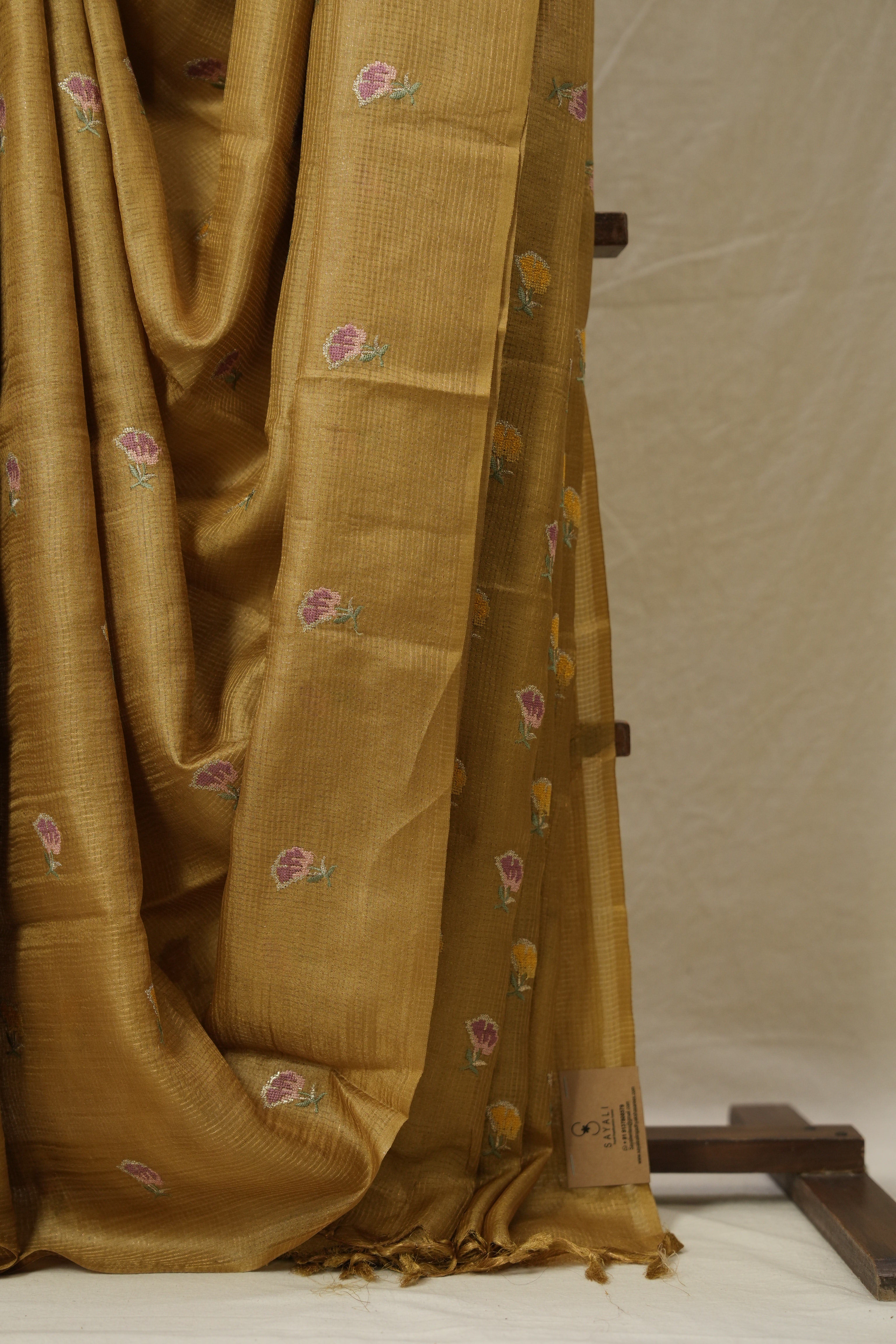 Mustard Gold Machine Embroidered Tussar Silk Saree - SRMGMETSS1543