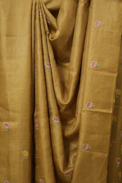 Mustard Gold Machine Embroidered Tussar Silk Saree - SRMGMETSS1543