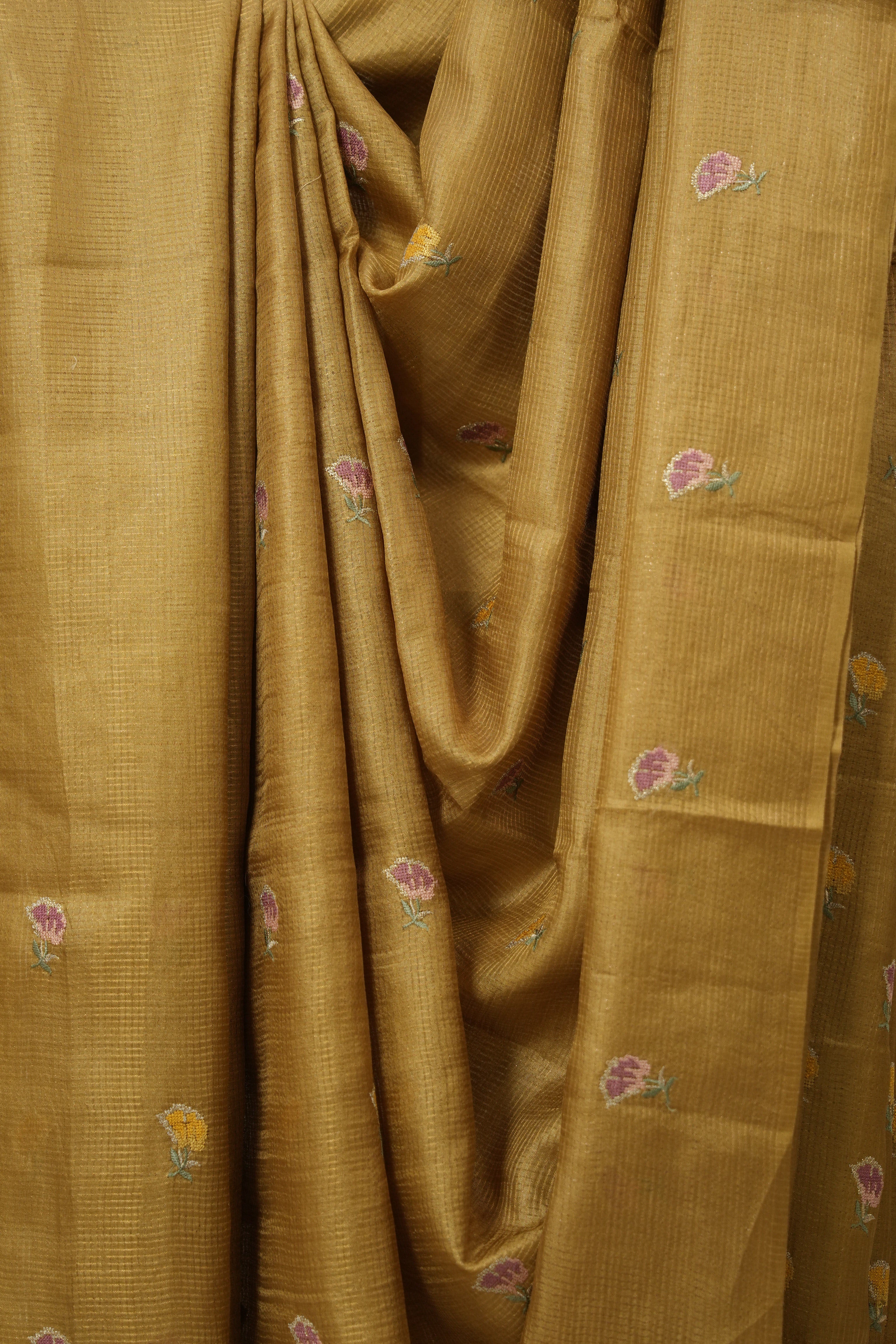 Mustard Gold Machine Embroidered Tussar Silk Saree - SRMGMETSS1543