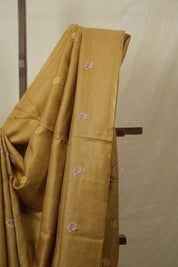 Mustard Gold Machine Embroidered Tussar Silk Saree - SRMGMETSS1543