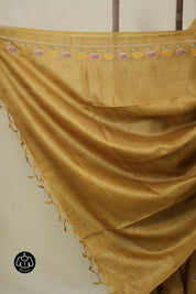 Mustard Gold Machine Embroidered Tussar Silk Saree - SRMGMETSS1543