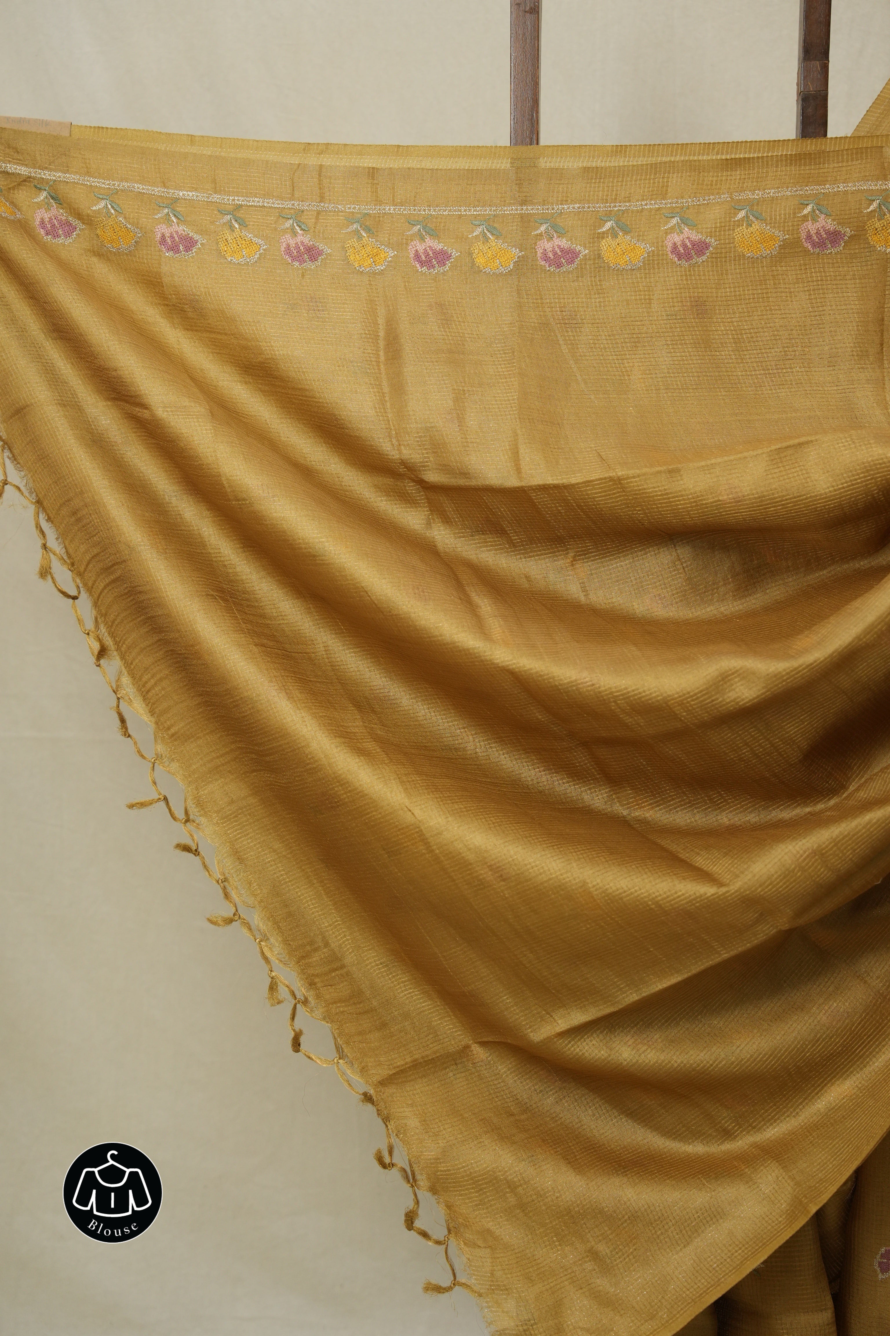 Mustard Gold Machine Embroidered Tussar Silk Saree - SRMGMETSS1543