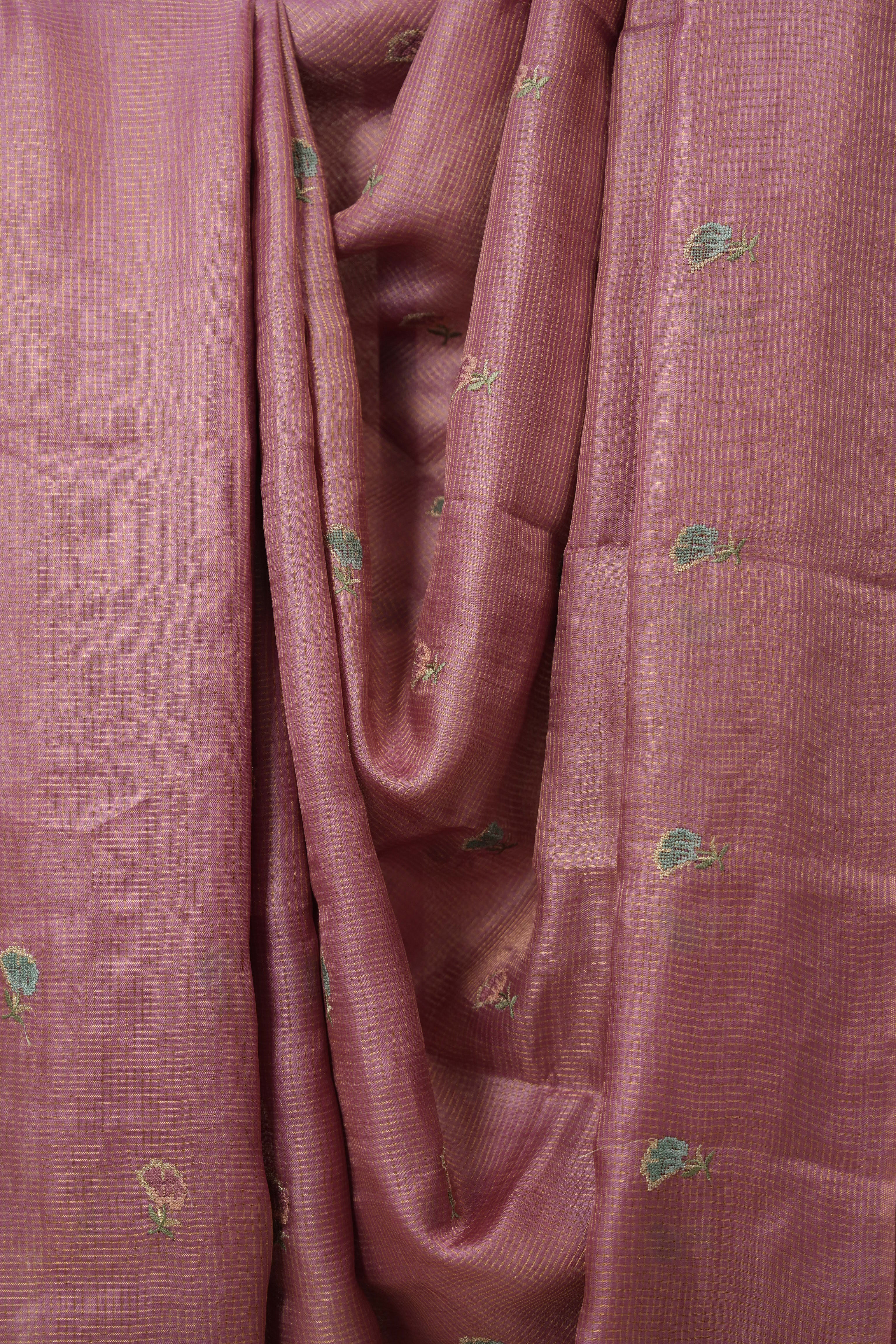 Dusty Pink Machine Embroidered Tussar Silk Saree - SRDPMETSS1522
