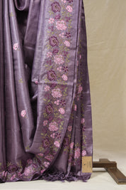 Dusty Lavender Machine Embroidered Tussar Silk Saree - SRDLMETSS1550
