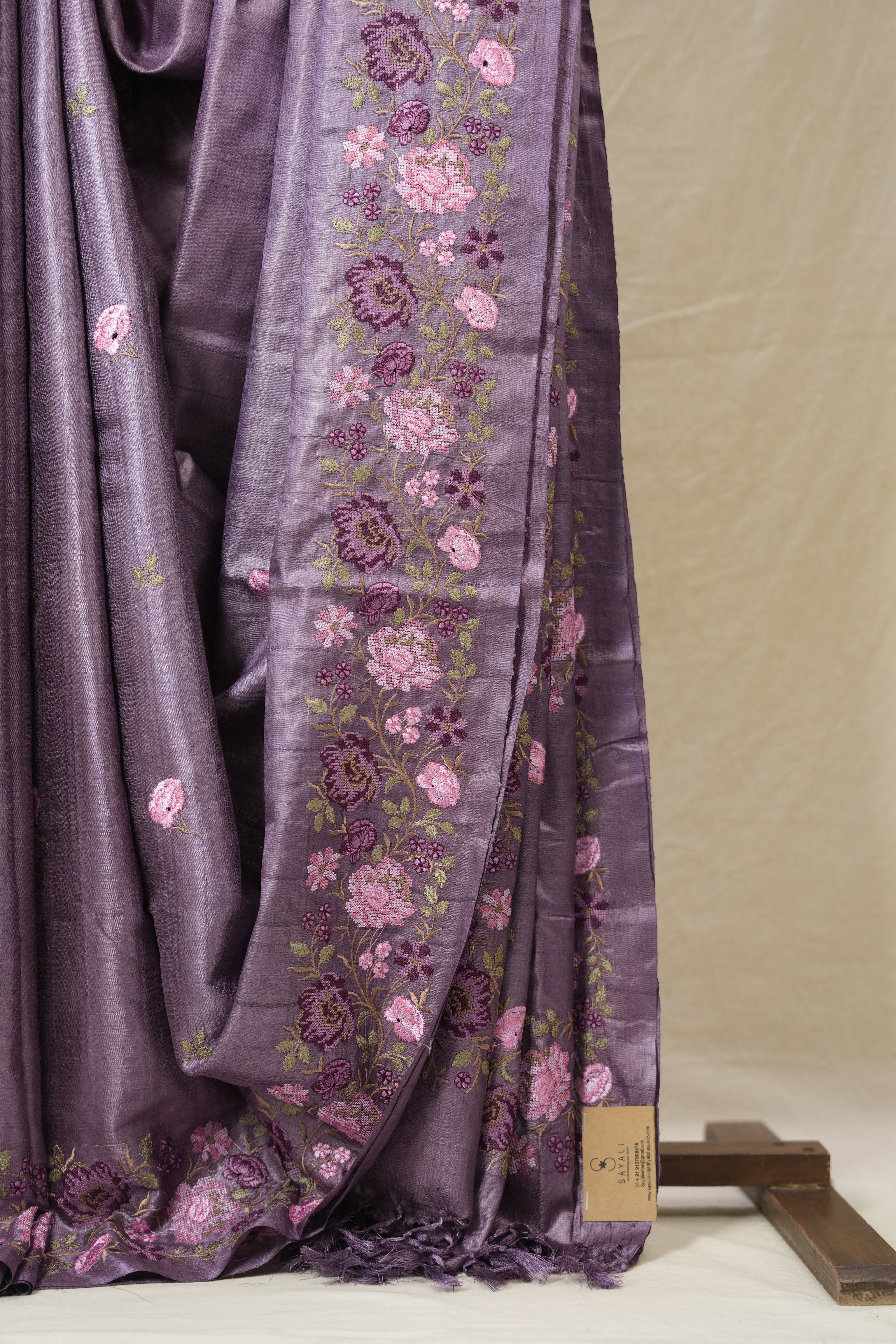 Dusty Lavender Machine Embroidered Tussar Silk Saree - SRDLMETSS1550