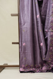 Dusty Lavender Machine Embroidered Tussar Silk Saree - SRDLMETSS1550