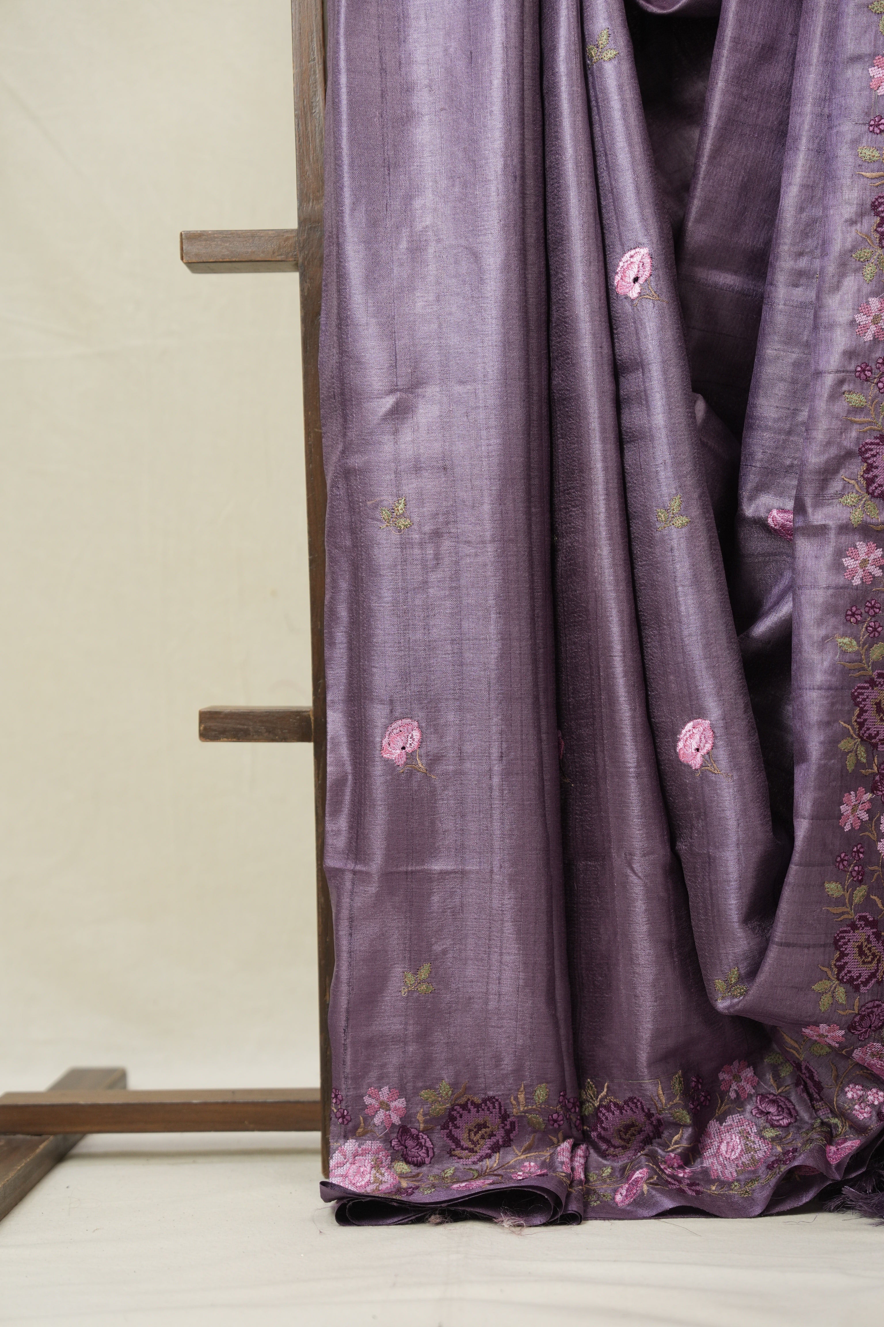 Dusty Lavender Machine Embroidered Tussar Silk Saree - SRDLMETSS1550