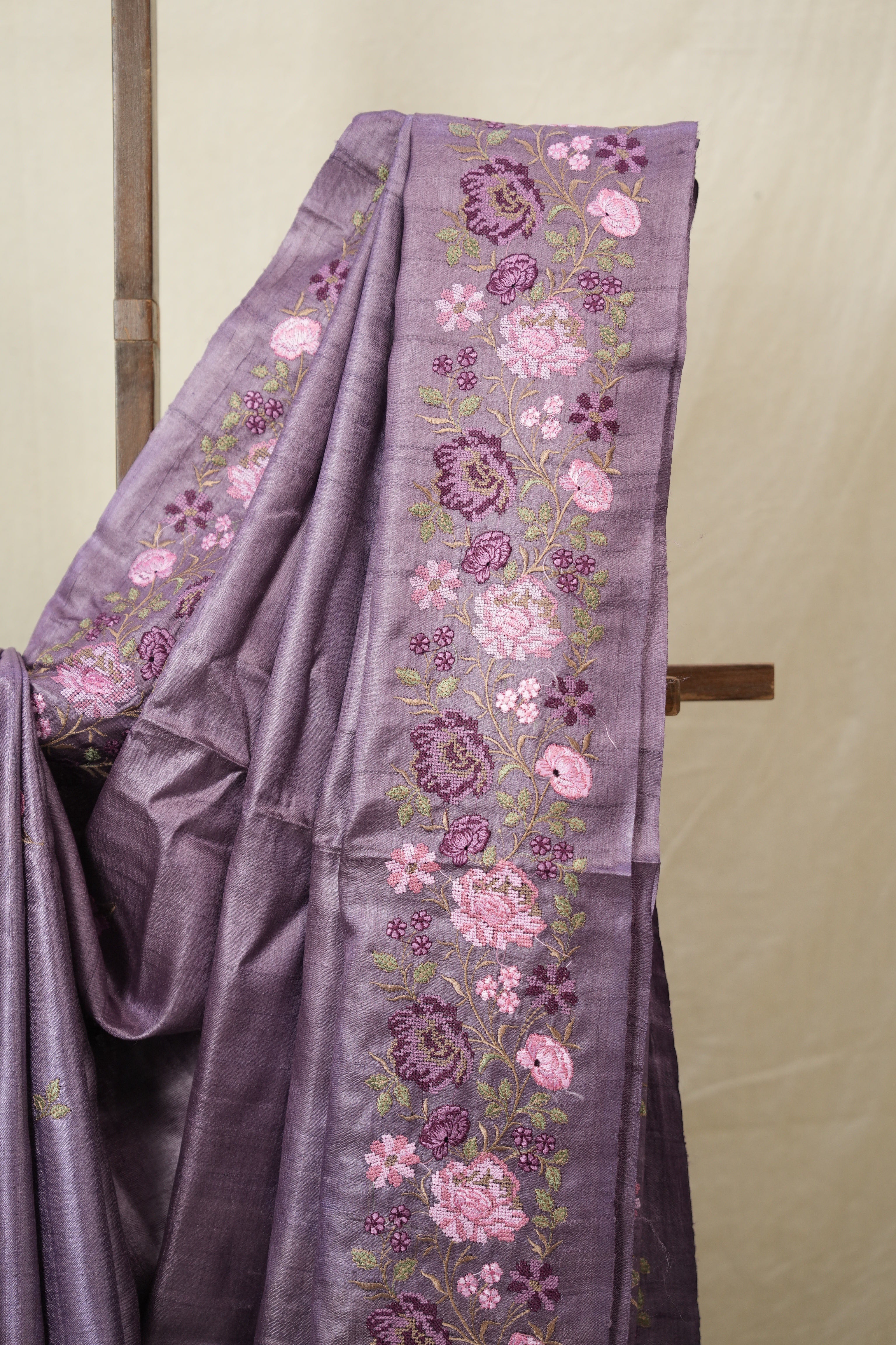 Dusty Lavender Machine Embroidered Tussar Silk Saree - SRDLMETSS1550