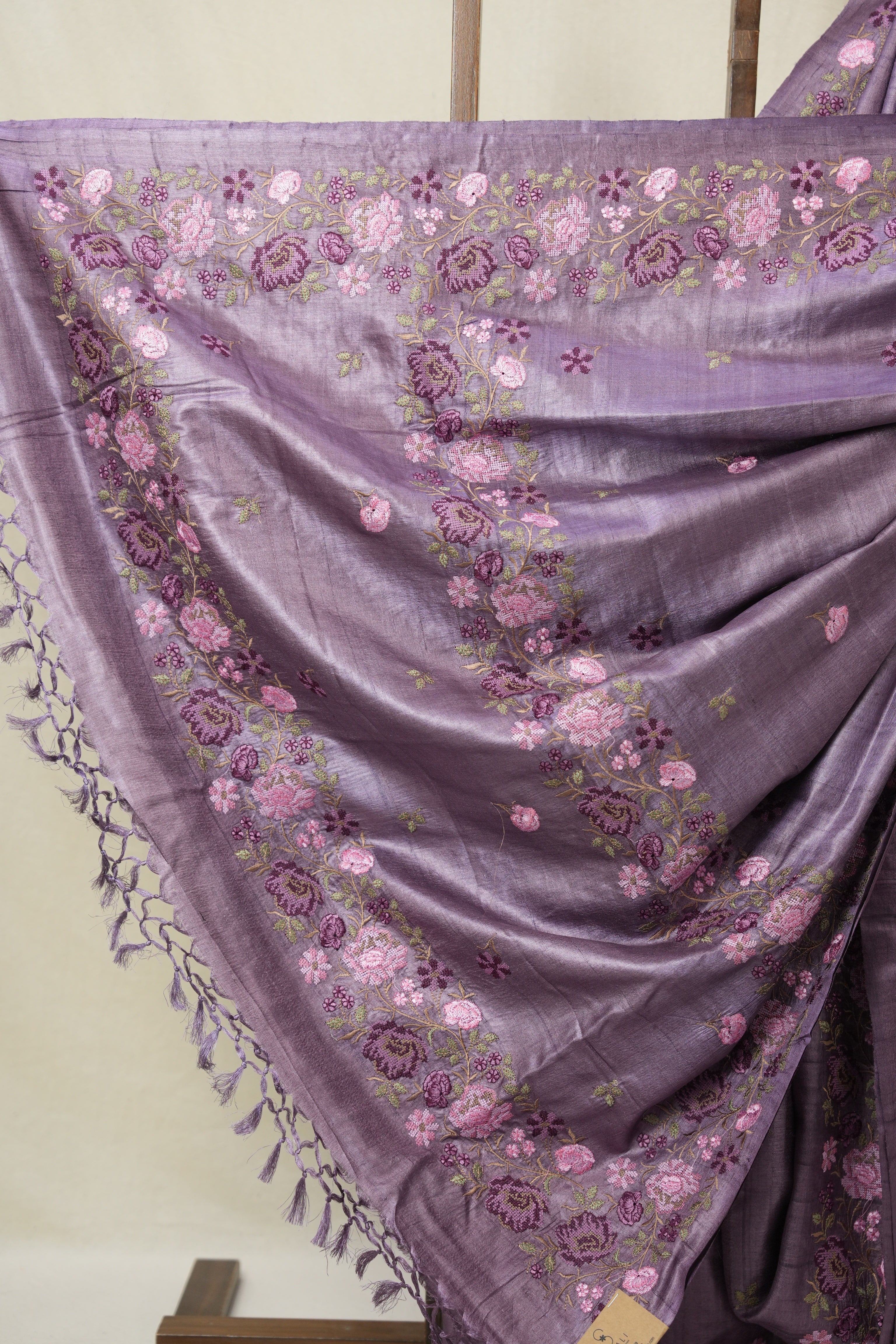 Dusty Lavender Machine Embroidered Tussar Silk Saree - SRDLMETSS1550
